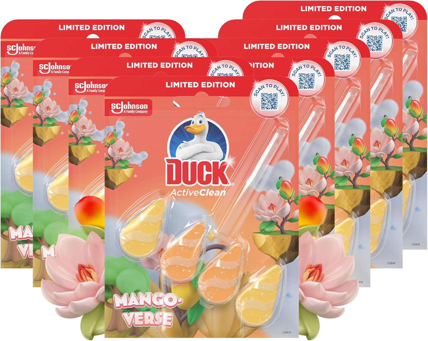 Duck Active Clean Toilet Rim Block, Foaming Toilet Bowl Cleaner, Long-lasting Fragrance, Mango Verse, Pack of 5 Duos (Total of 10 x 38.5g Rim Blocks)