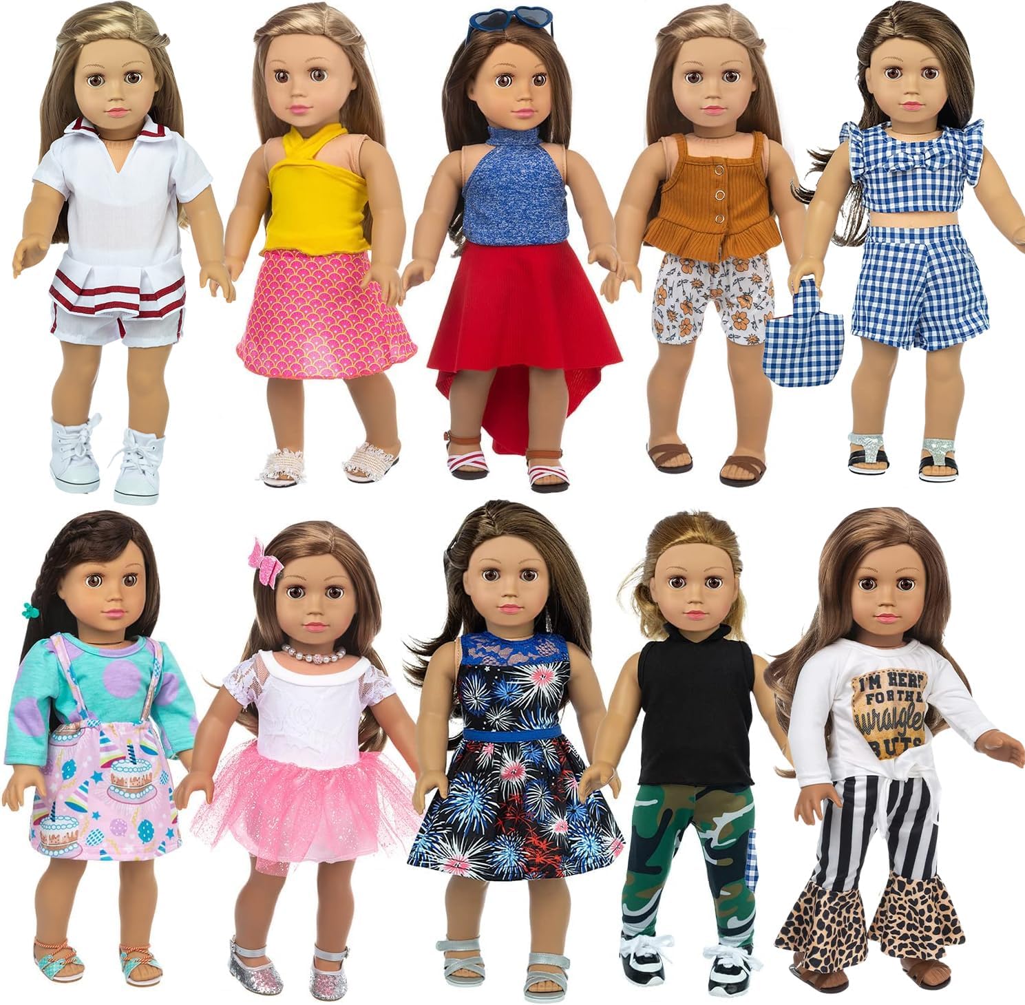 22 Pcs American 18 inch Doll Clothes Gifts and Accessories, Fit 18 inch Doll - Including 10 Sets of Various Styles Doll Clothes, Hair Clips and Sunglasses Handbags