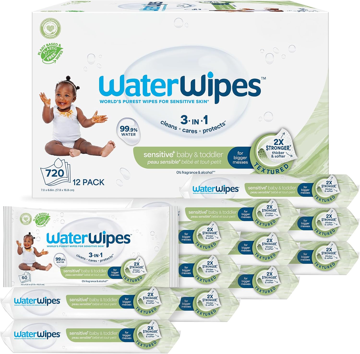 WaterWipes Sensitive+ Baby & Toddler Wipes, 3-In-1 Cleans, Cares, Protects, 99.9% Water, Textured Clean, Unscented & Hypoallergenic, 720 Count (12 Packs)