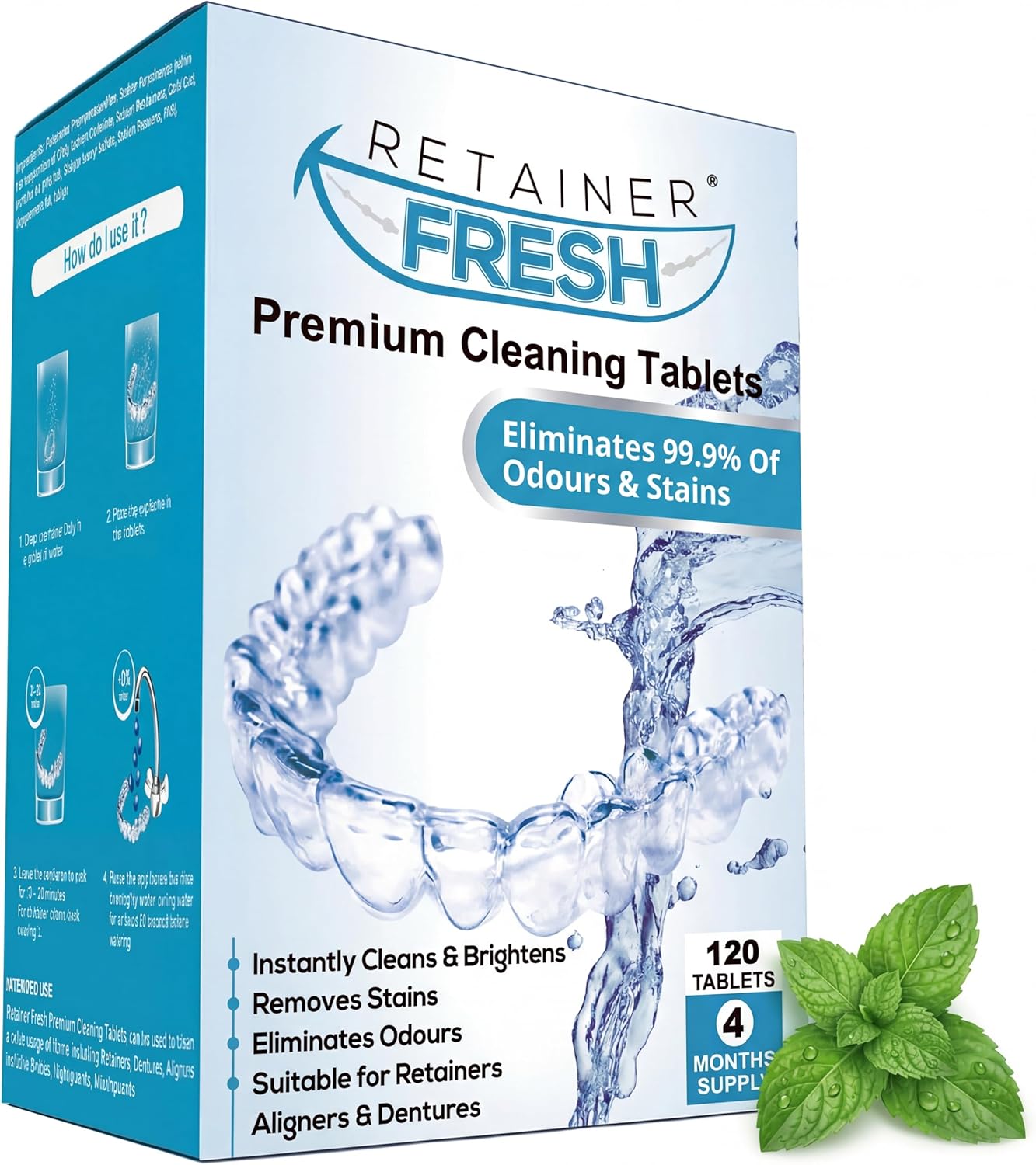 Retainer Fresh Retainer Cleaner Tablets - 120 Tablets 4 Month - Retainer Cleaning Tablets, Mouth Guard Cleaner, Denture Cleaner, Aligner Cleaner, Brite Retainer Tablets