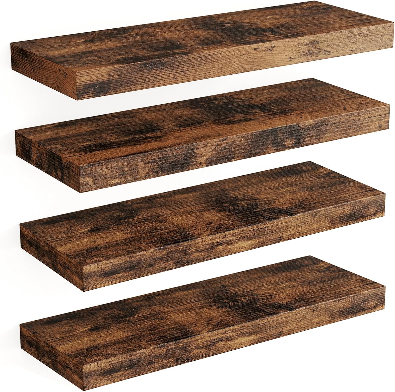 Fixwal 15.8in Floating Shelves, Rustic Wood Finish Wall Shelves Set of 4, Shelves for Wall Decor, with Invisible Brackets for Bathroom, Living Room,Bedroom and Kitchen(Rustic Brown)