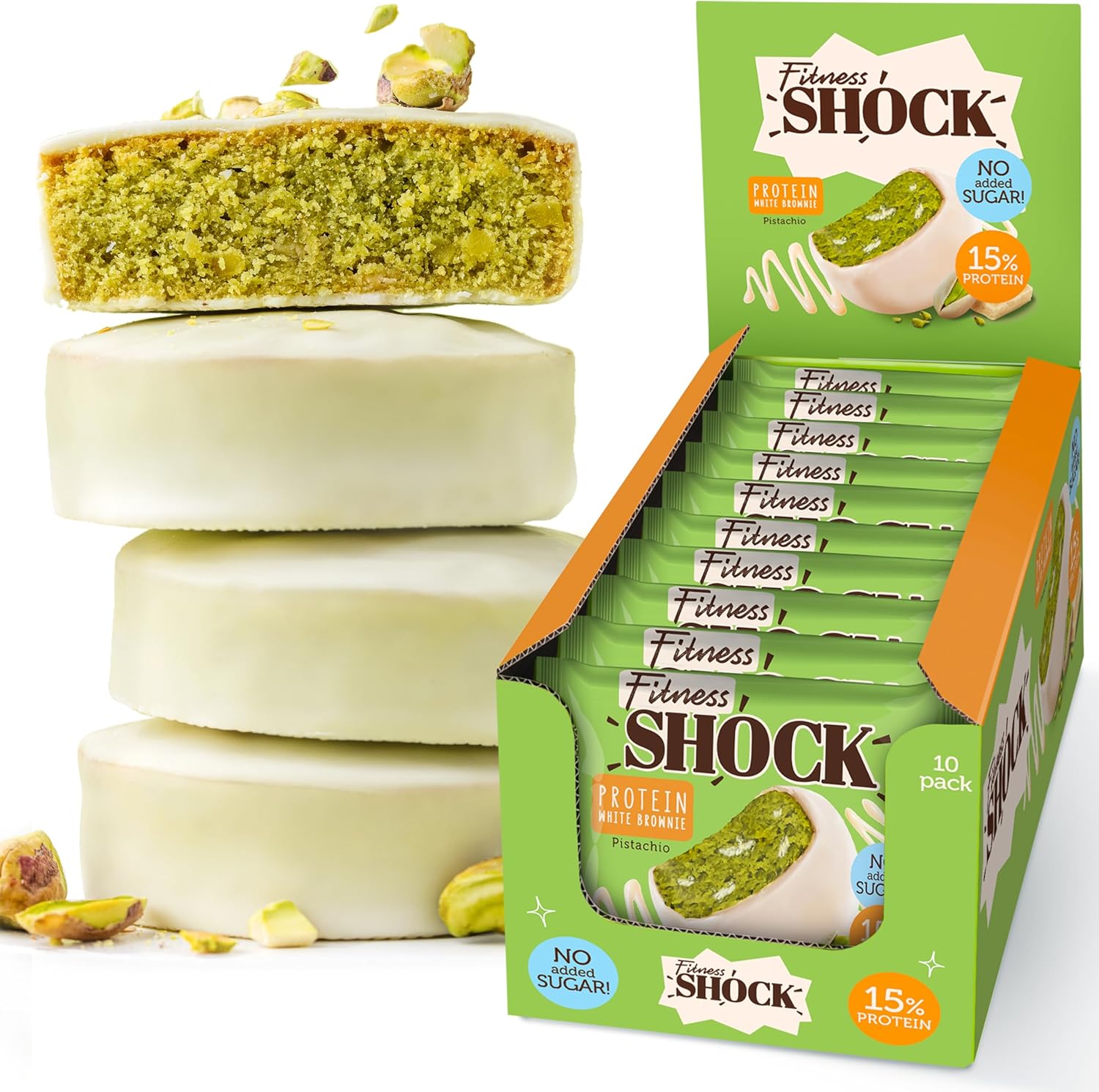 FitnesSHOCK Protein Brownie White Chocolate, No Added Sugar, 15%/7,5g Protein, 233kcal, Pre/Post Workout Snack - No Palm Oil, Filling dietary fibre, Soft Texture, 10x50g - Pistashio flavour