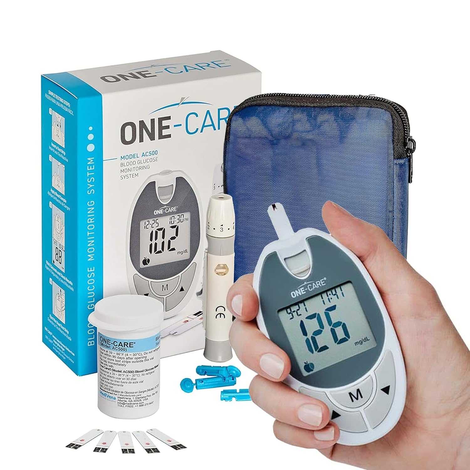ONE-CARE Glucose Monitoring System with Glucometer, 10 Test Strips, Lancing Device, 10 Lancets, and Carrying Case -Blood Sugar Testing Kit for Diabetes Patients, Complete Diabetic Self-Testing Kit with Meter, Strips, and Lancets for fingerprick and capillary blood testing