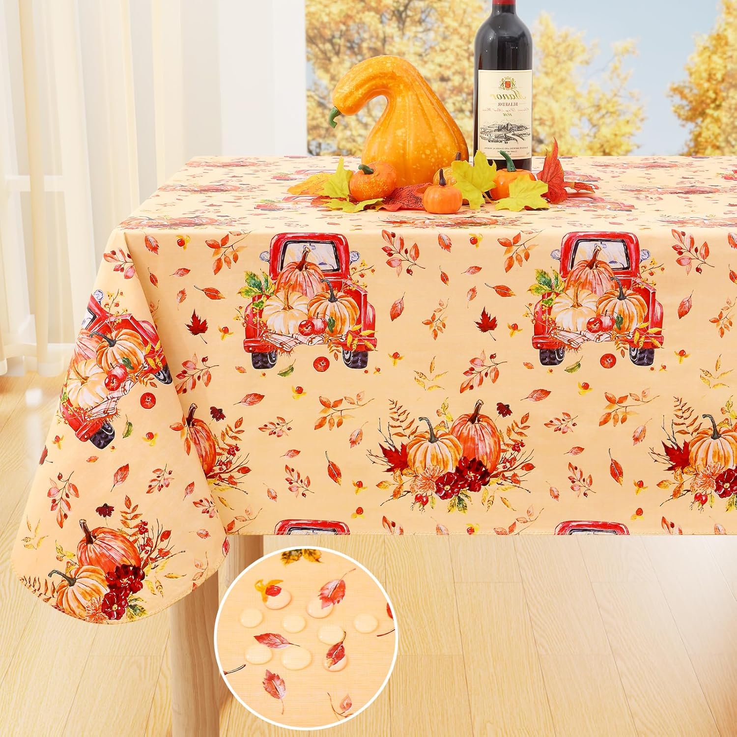 Smiry Fall Rectangle Table Cloth, Waterproof Vinyl Tablecloth with Flannel Backing, Wipeable Autumn Pumpkin Truck Plastic Tablecloths for Harvest and Thanksgiving Parties, 60"x84", Yellow