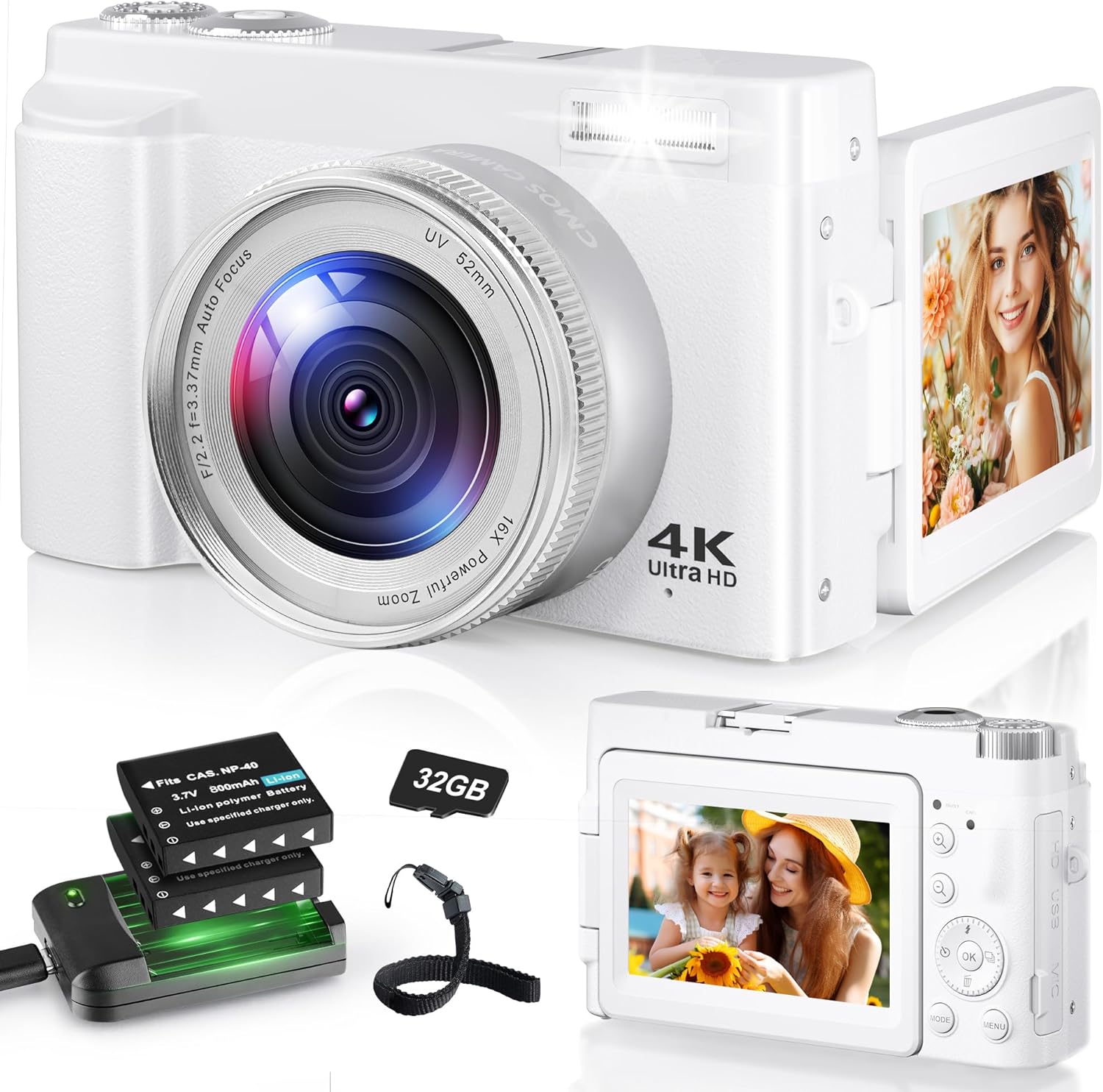 4K Digital Camera for Photography, 48MP Autofocus Vlogging Camera with 3'' 180°Flip Screen, 16X Digital Zoom Anti-Shake Compact Travel Camera with SD Card, 2 Batteries & Charging Stand - White