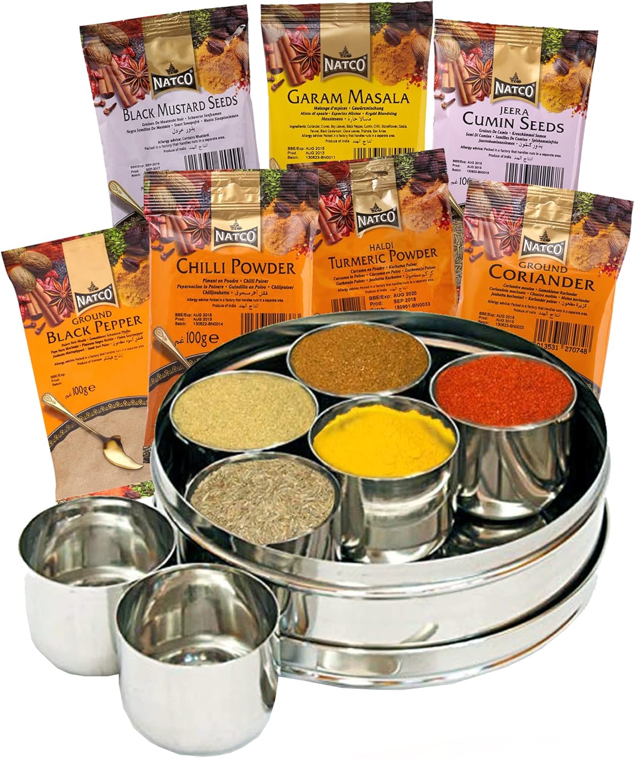 Offer Shop Indian Spices for Cooking with Stainless Steel Dabba with Clear Lid - 7 Authentic Kitchen Masala Powder | Perfect Cooking Gift