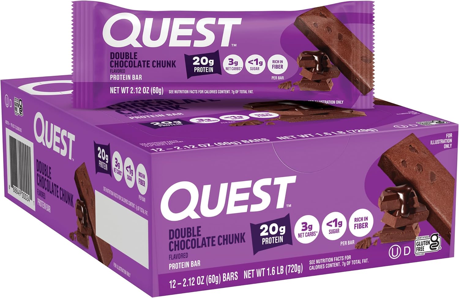 Quest Nutrition Double Chocolate Chunk Protein Bars, 20g Protein Bars, 1g Sugar, Gluten Free, Keto Friendly, 12 Count