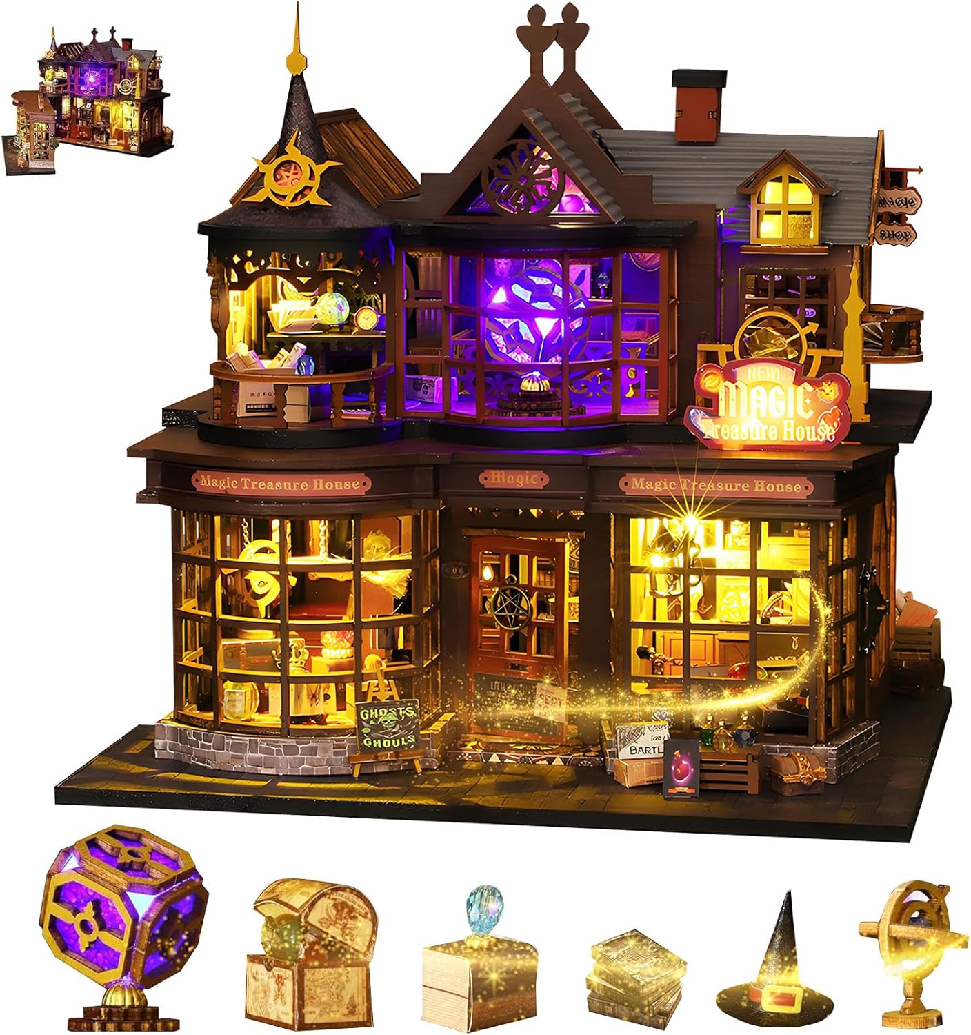 QCXWCJWD DIY Miniature Dollhouse Kit, Magic Treasure House Handmade Mini 3D Puzzle Doll House with Furniture and LED, Building Model Creativity Crafts for Teens Adults' Birthdays