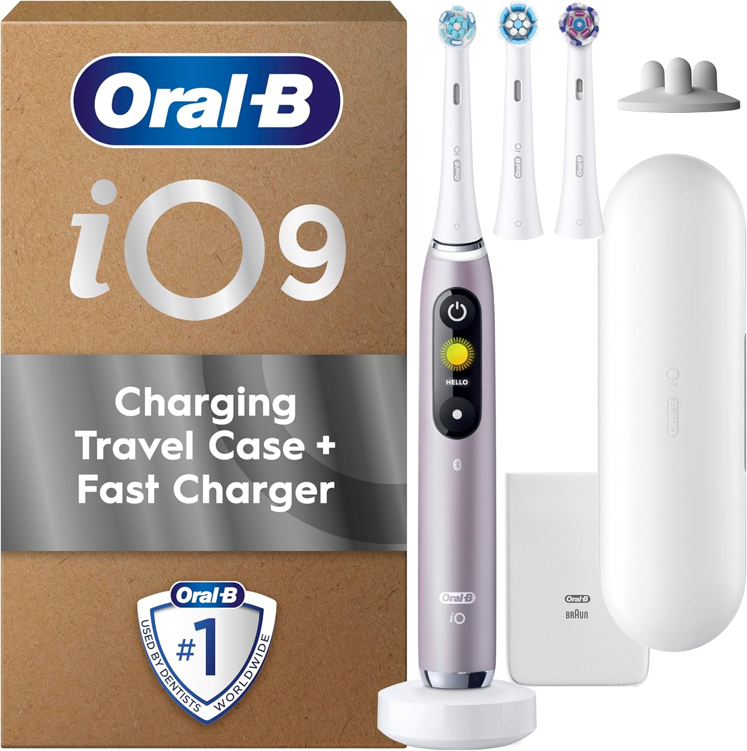 Oral-B iO9 Electric Toothbrushes For Adults, App Connected Handle, 3 Toothbrush Heads, Charging Travel Case & Toothbrush Head Holder, 7 Modes, 2 Pin UK Plug, Rose