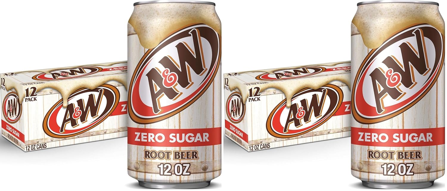 A&W Zero Sugar Root Beer Soda, 12 fl. oz. Cans, 12 Pack (Pack of 2)