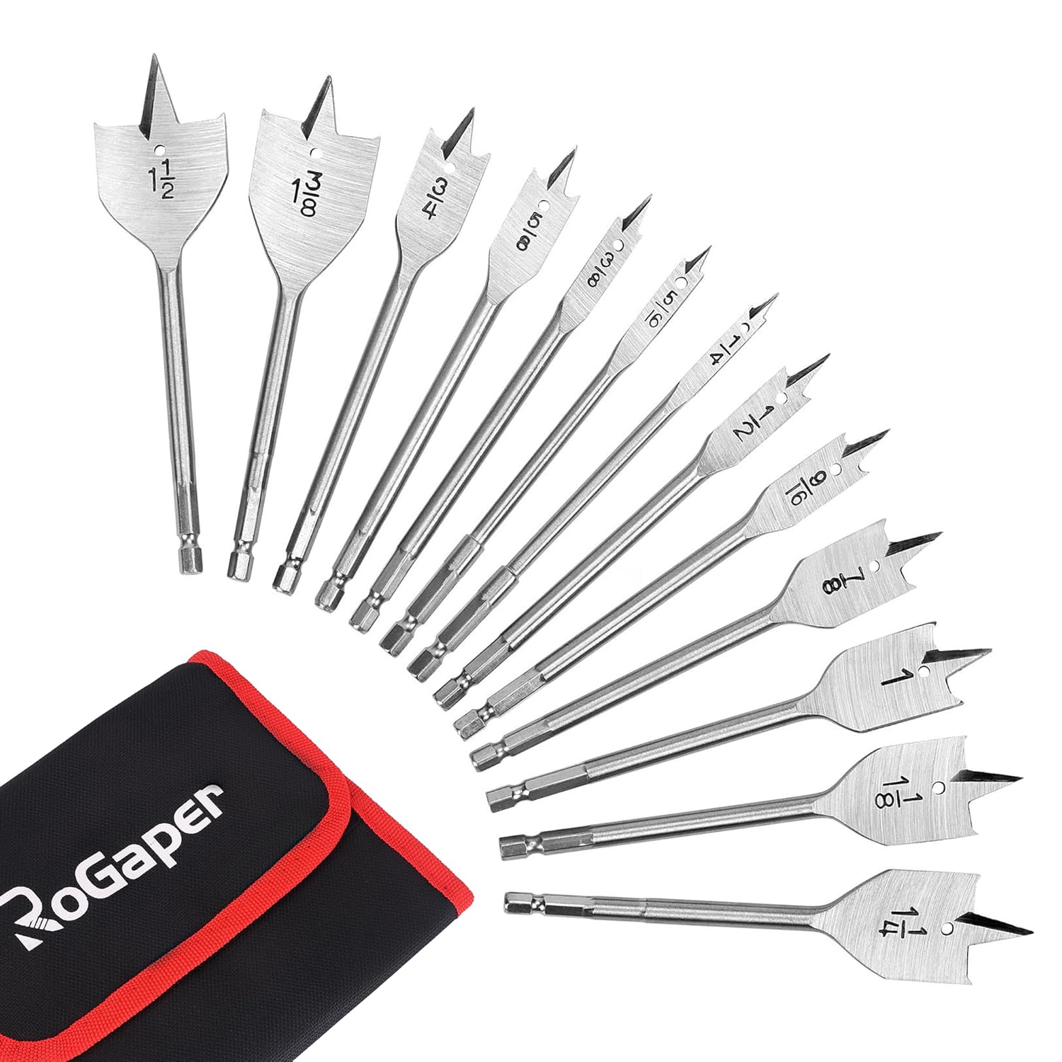 13-Piece Spade Drill Bit Sets, Alloy Steel Paddle Flat Bit with Quick Change Shank, Flat Wood Hole Cutter Fit for Woodworking, Assorted Bits with Nylon Storage Pouch, 1/4" to 1-1/2"
