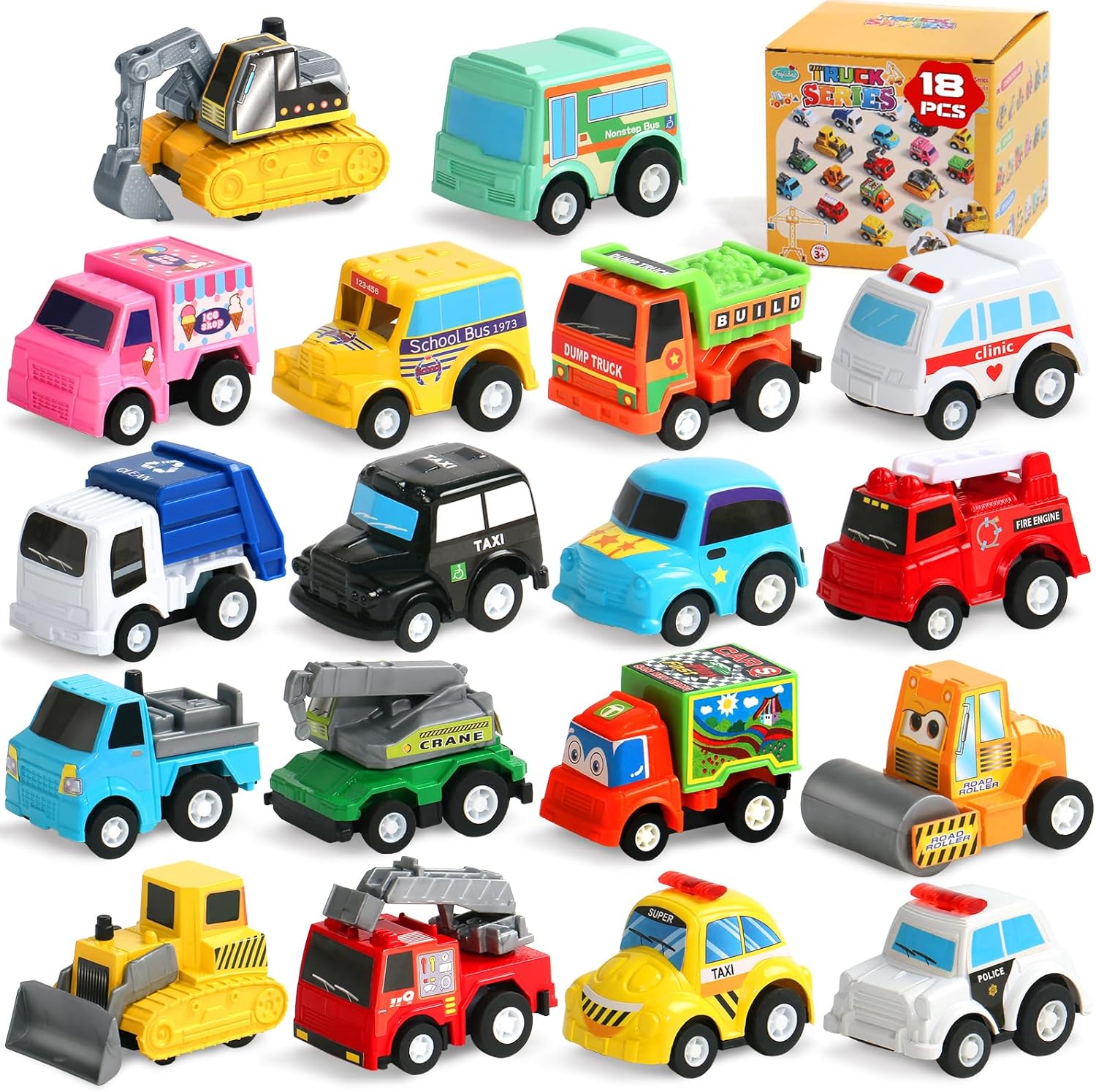 Fajiabao 18 Pcs Toy Cars for Toddlers Mini Pull Back Cars & Trucks Party Favors for Kids 3-5 Classroom Prizes Goodie Bags Pinata Stuffers Bulk for 2 3 4 5 6 Boys Girls