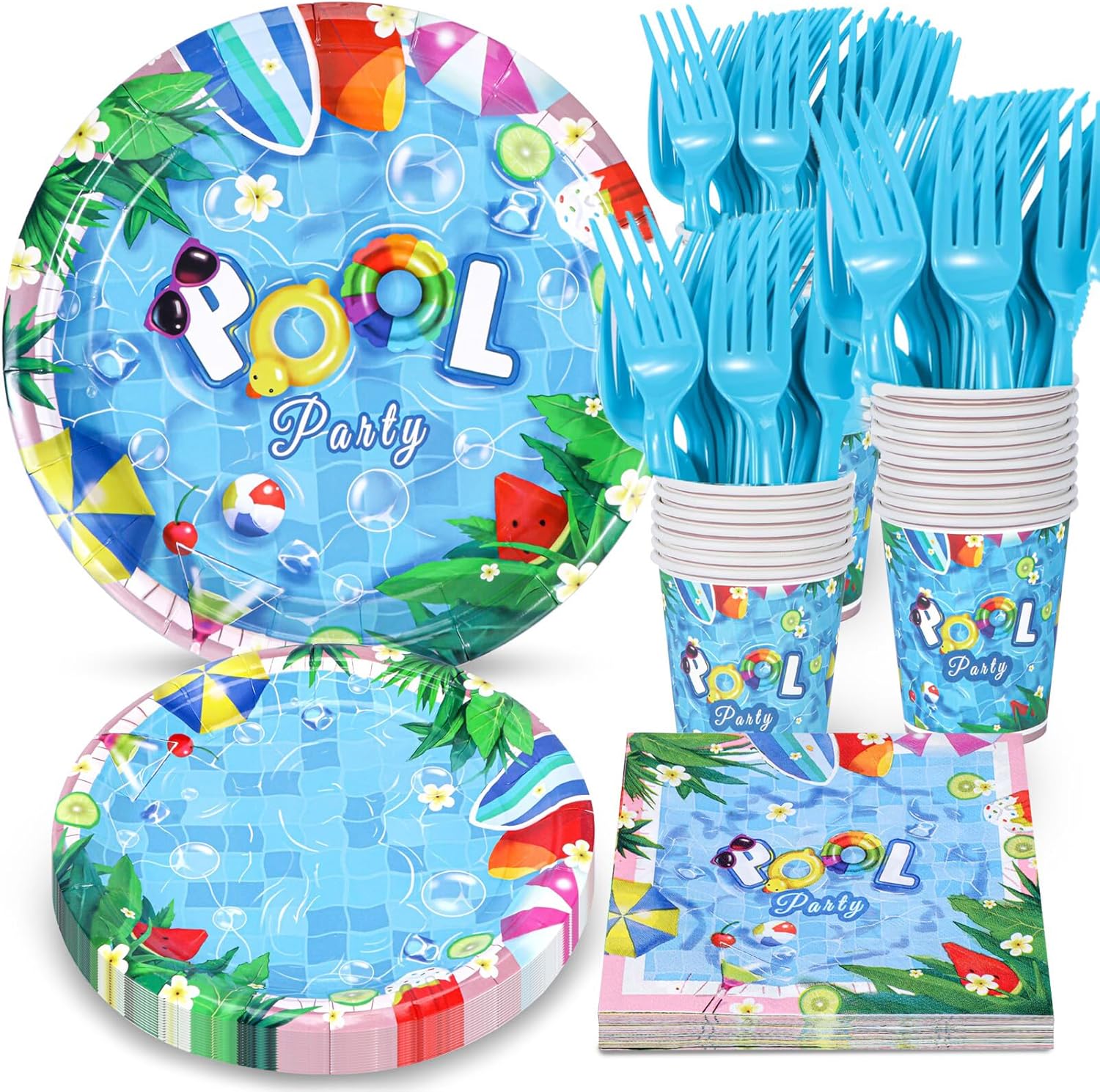 Atonofun Pool Party Supplies - Disposable Plates, Cups, Napkins and Cutlery for Birthday, Baby Shower, Summer Beach, Pool Themed Party Decorations - Serves 24