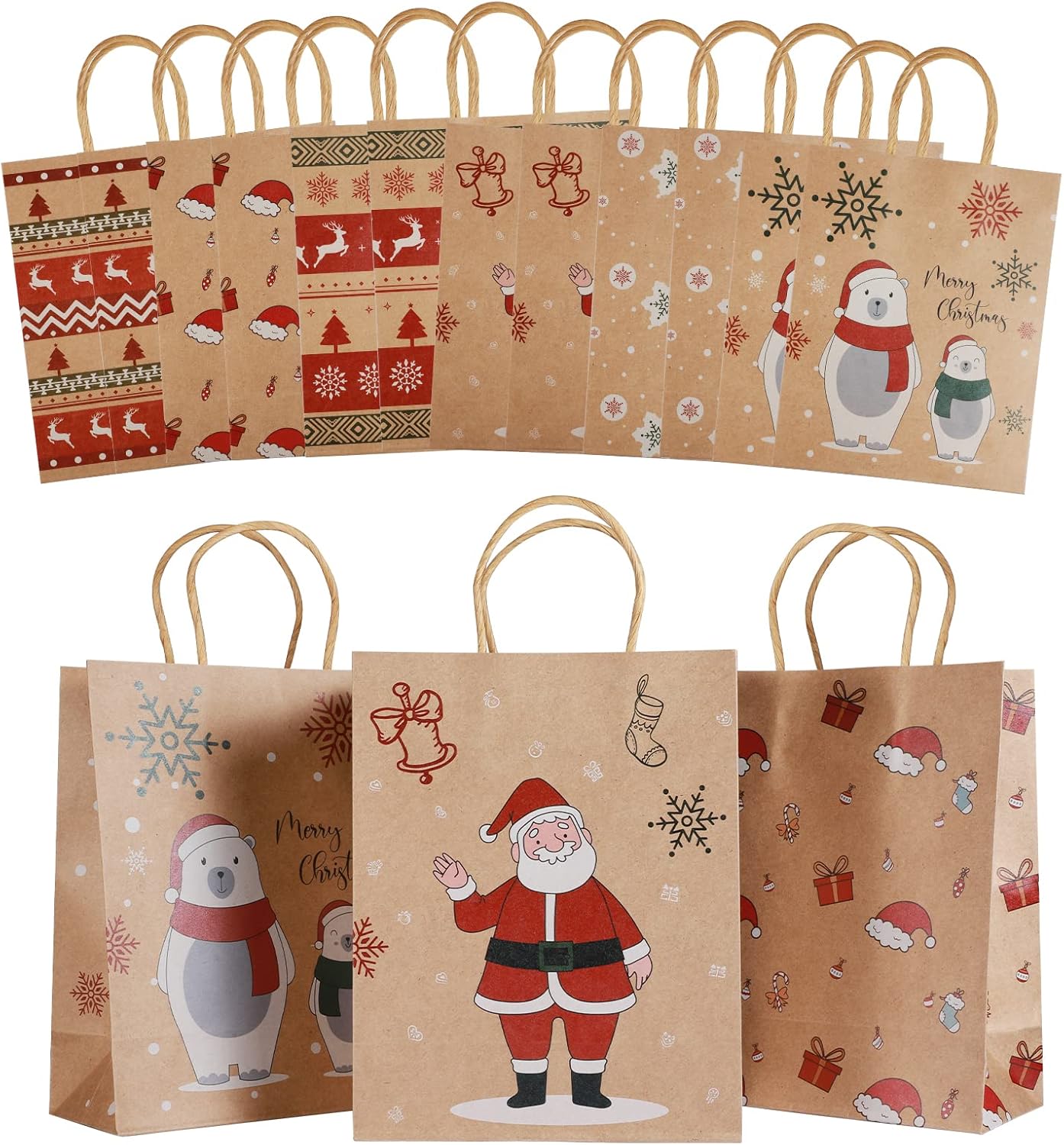 Mjokoj 24 Pack Christmas Gift Bags, 6 Designs Christmas Kraft Paper Bags, 8.85x7.08x3.5 Inches with Handles Xmas Gift Bags, Suitable for Holiday Kraft Paper Gift Bags, Reusable Christmas Gift Bags