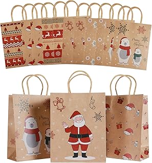 Mjokoj 24 Pack Christmas Gift Bags, 6 Designs Christmas Kraft Paper Bags, 8.85x7.08x3.5 Inches with Handles Xmas Gift Bags, Suitable for Holiday Kraft Paper Gift Bags, Reusable Christmas Gift Bags