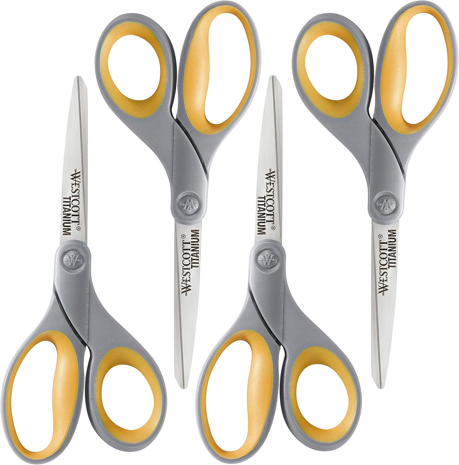 Westcott 8-Inch Titanium Bonded Scissors, Soft Handle, Straight Heavy Duty Scissors, Gray/Yellow, 4-Pack