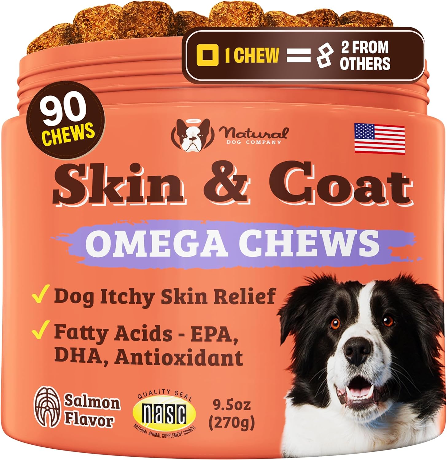 Natural Dog Company Skin & Coat Supplement for Dogs – Omega 3 Salmon Oil, Biotin & Vitamin E Support Shiny Coat, Healthy Skin & Normal Shedding, Promotes Comfort from Occasional Itch, 90 Count