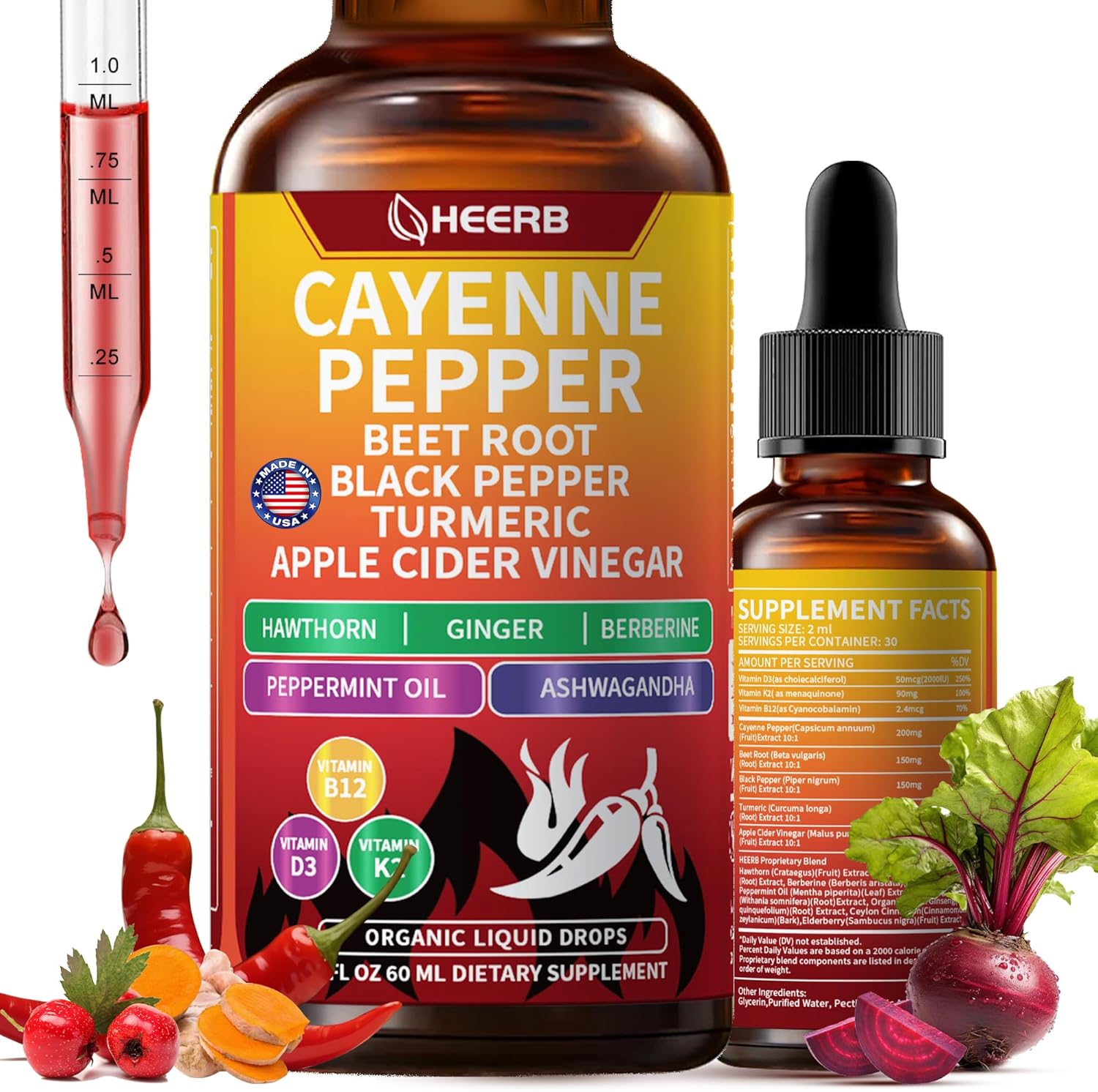 Cayenne Pepper Drops Vascu Flow Drops with Beet Root Black Pepper Turmeric Vitamin D3 K2 Cayenne Pepper Supplements for Metabolism Circulation Heart Health, Beetroot Flavor, 2 Fl Oz 60 ml