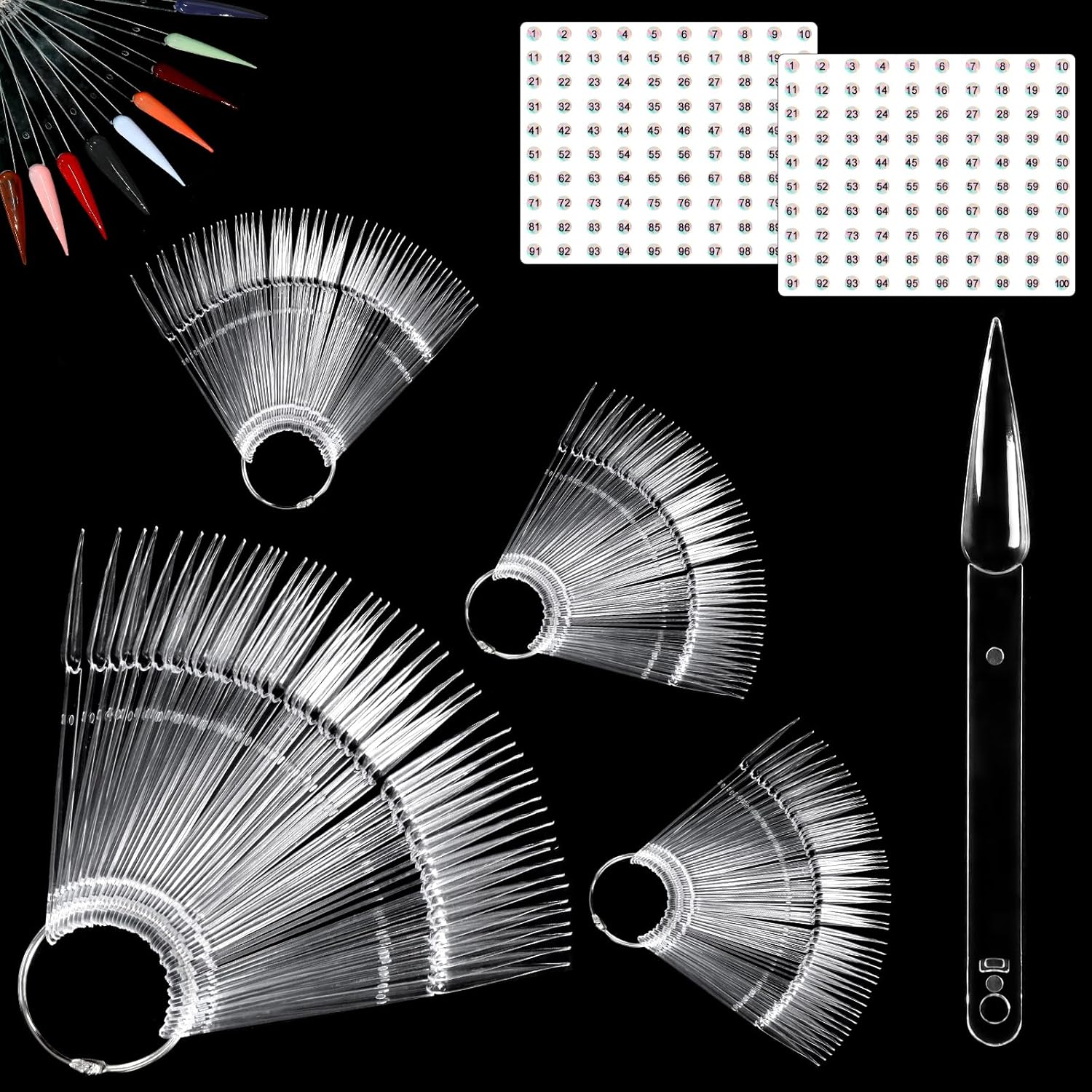 Allstarry 200 Pcs Clear & Natural Nail Swatch Sticks with Ring and Numbered Tips Pointed Shaped Nail Art Polish Display Tips, False Nail Sample Sticks, Sacks of Transparent Nail Practice for Manicure