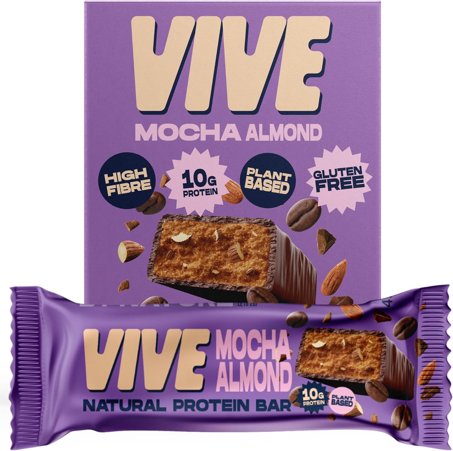 Vive Mocha Almond Protein Bars – Vegan, High Fibre, Dairy-Free Snacks – Pack of 12