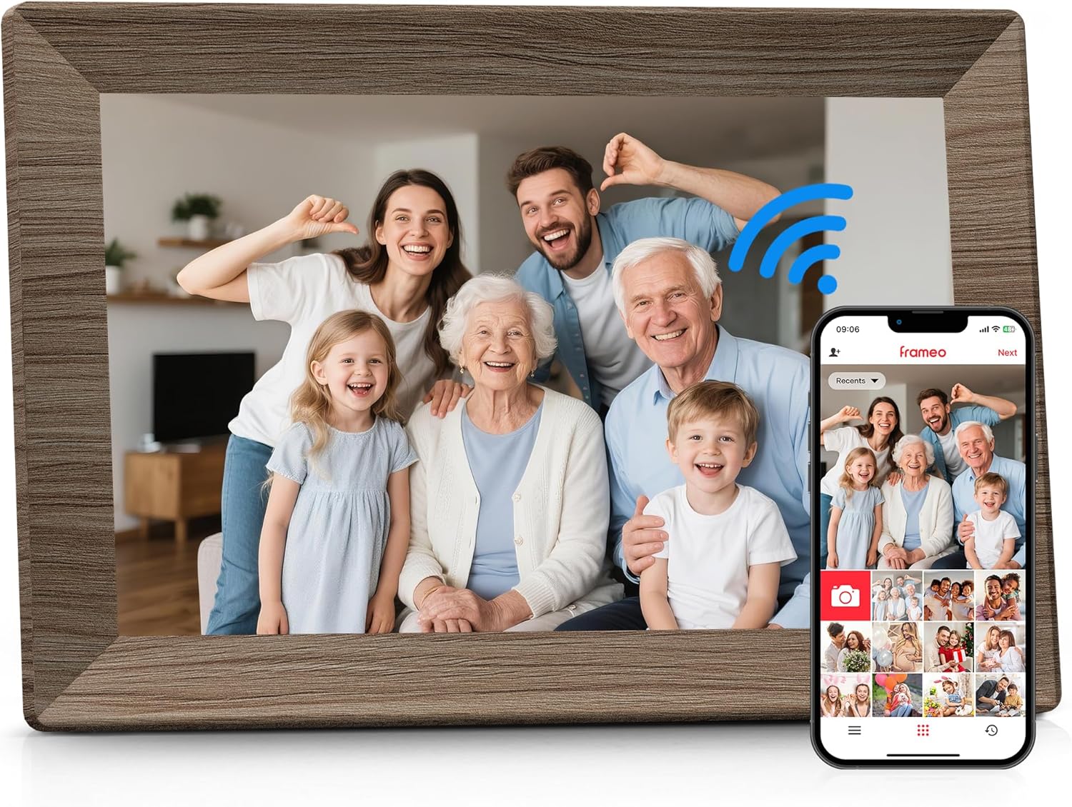 Frameo 10.1" Digital Picture Frame with 32GB Memory Wood WiFi Electronic Photo Frame 1280 x 800 IPS Touch Screen Auto-Rotate Slideshow Wall Mountable Share Photos/Video Remotely Anywhere