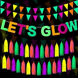 Outus Neon Party Supplies Includes Let's Glow Banner 20 Pieces Neon Paper Tassels and Neon Triangle Flag Glow in The Dark Party Supplies Bunting Party Hanging Decorations for Halloween Birthday Party
