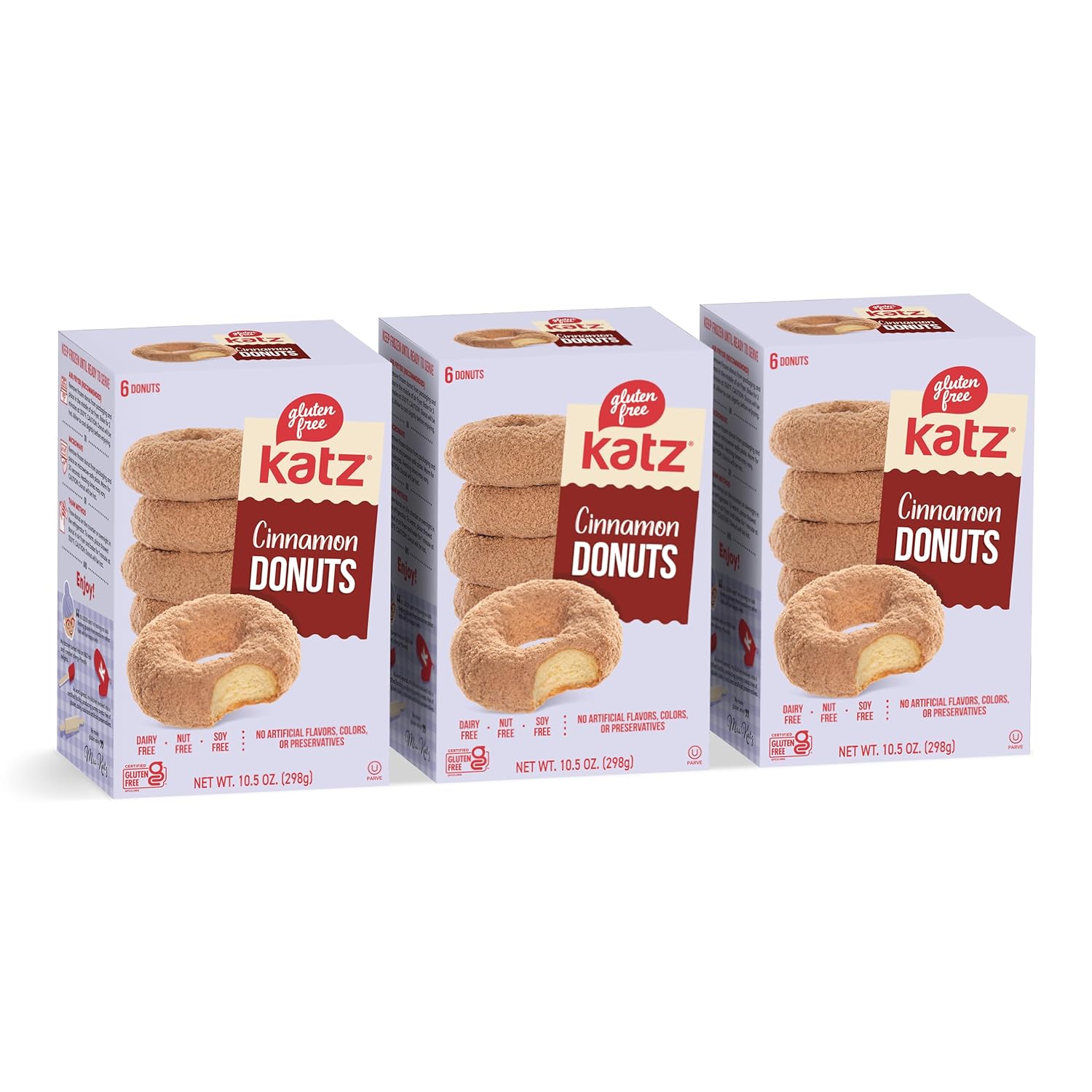 Katz Gluten Free Cinnamon Donuts | Dairy Free, Nut Free, Soy Free, Gluten Free | Kosher (3 Packs of 6 Donuts, 10.5 Ounce Each)