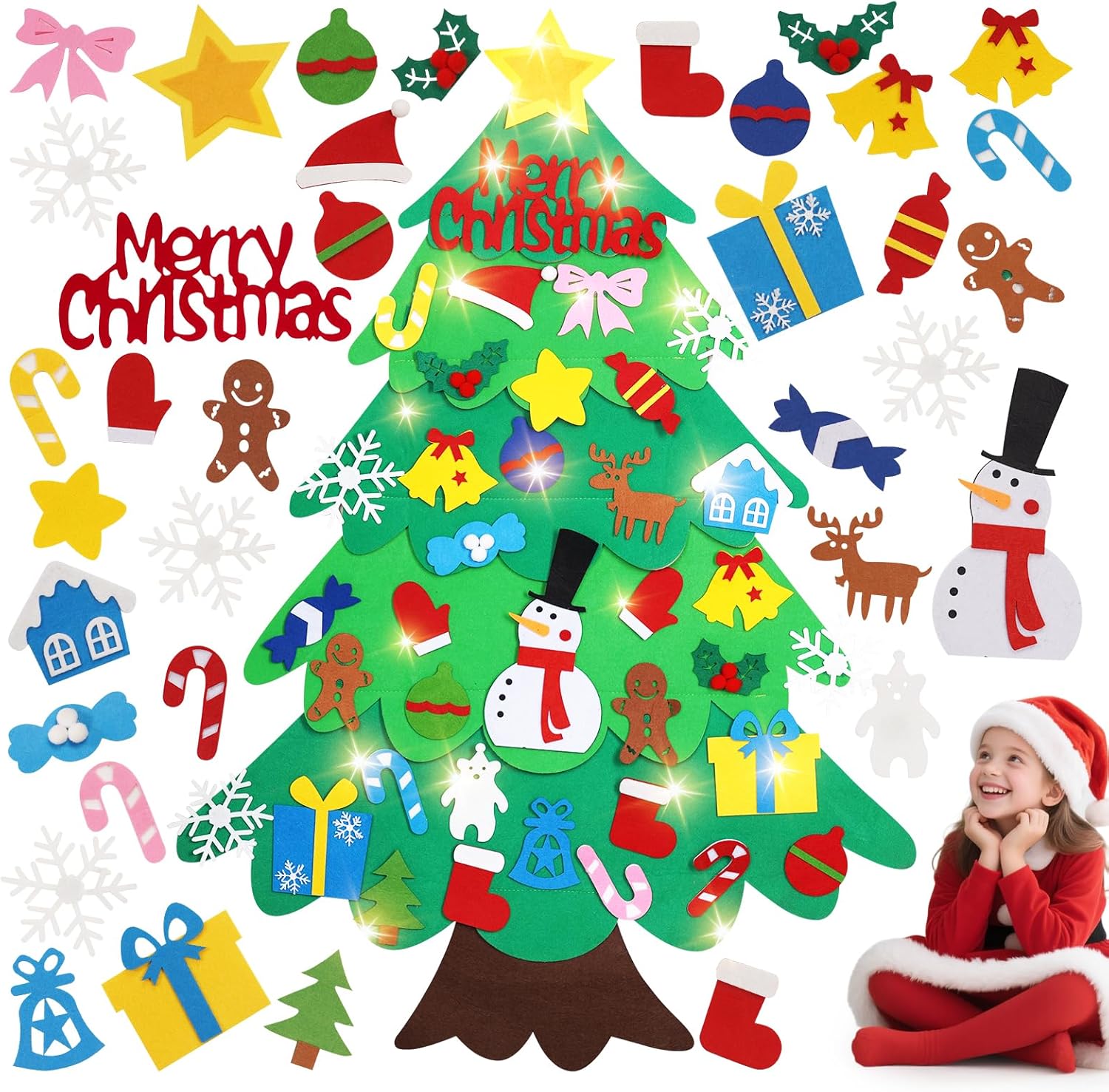 DIY Felt Christmas Tree for Kids, 3ft Indoor Christmas Decorations with String Lights, 38 pcs Wall Hanging Decorations Felt Craft Kits for Xmas Party Favors (Batteries Not Included)