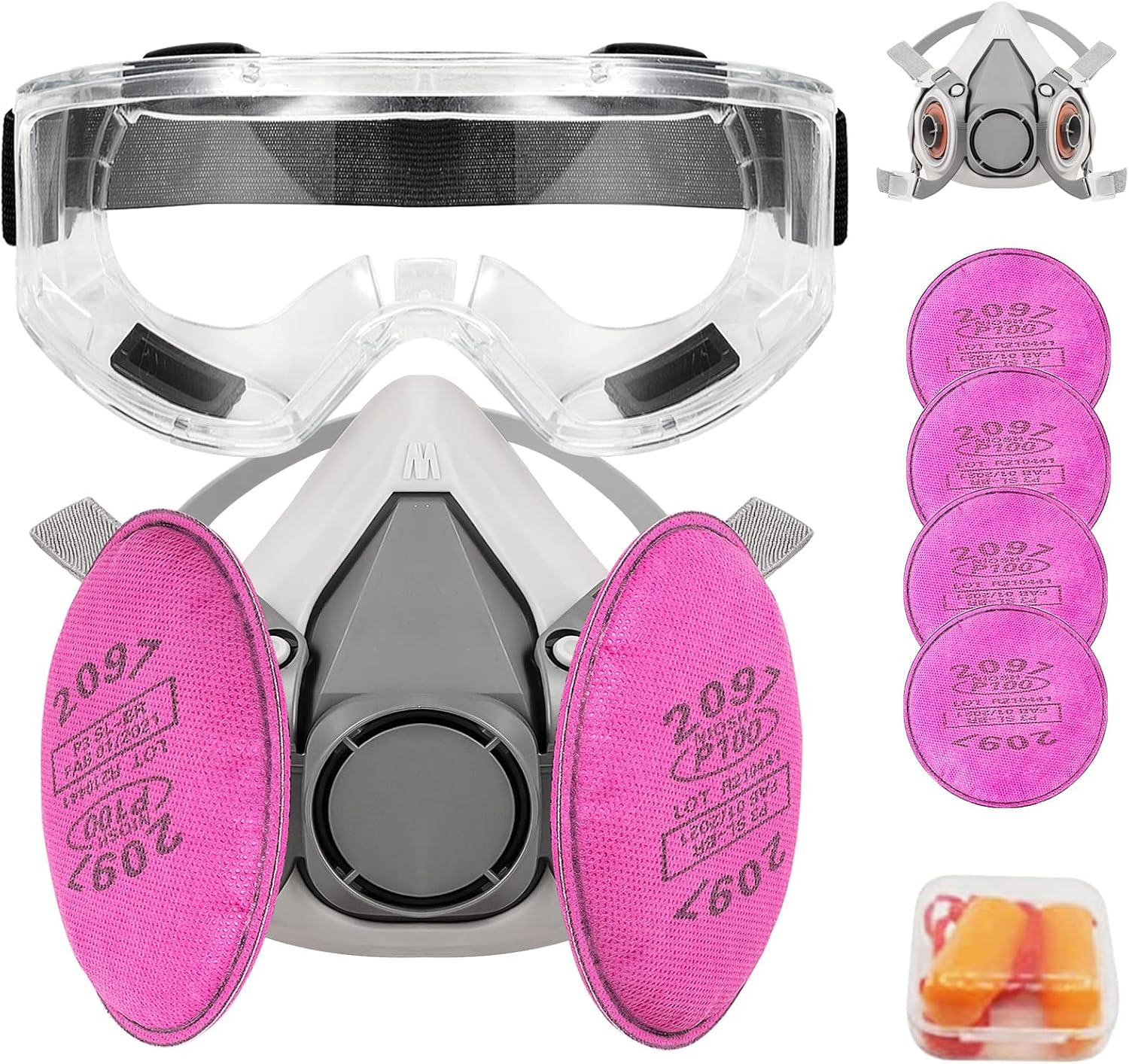 Half Facepiece Respirator, Reusable Respirator with 4Pcs 2097 Filter and Goggle Earplug for Paint, Dust, Organic Vapor, Epoxy resin, Cutting, Polishing and Other Work Protection