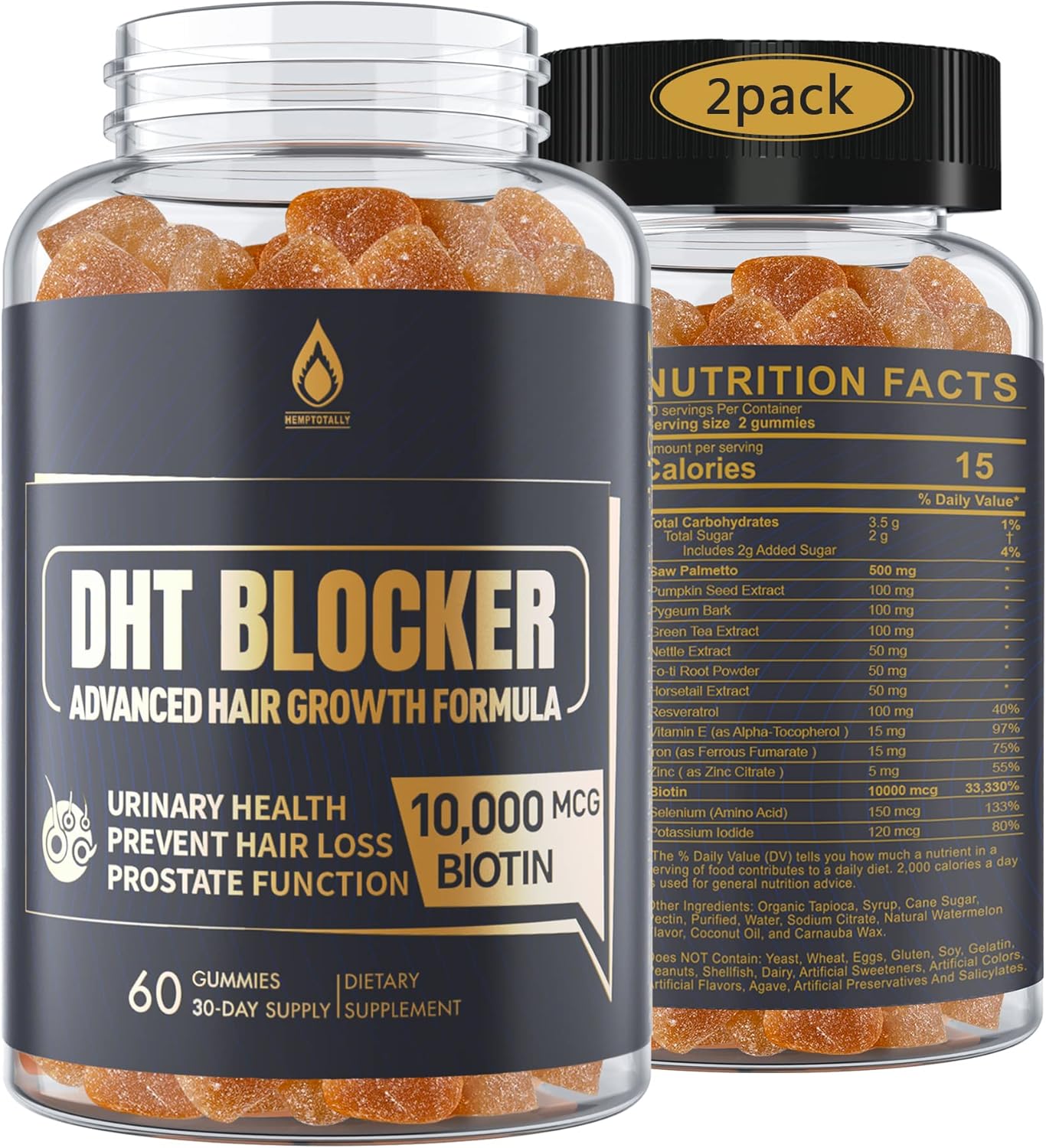 DHT Blocker Gummies Hair Growth Supplement, Super Potency Saw Palmetto & Biotin 10000 mcg for Women & Men, Plus 12 Proprietary Blend - Prevent Hair Loss, Blocking DHT Receptors, 2Pc/120ct