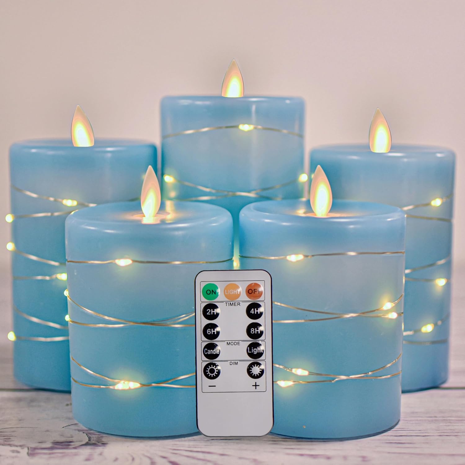 NICEME 5PCS Flameless Candles with Embedded String Lights Sky Blue Battery Operated Electric Pillar Candle Flickering 3D Teardrop Black Wick Real Wax Fake Candle with 11-Key Remote Timer