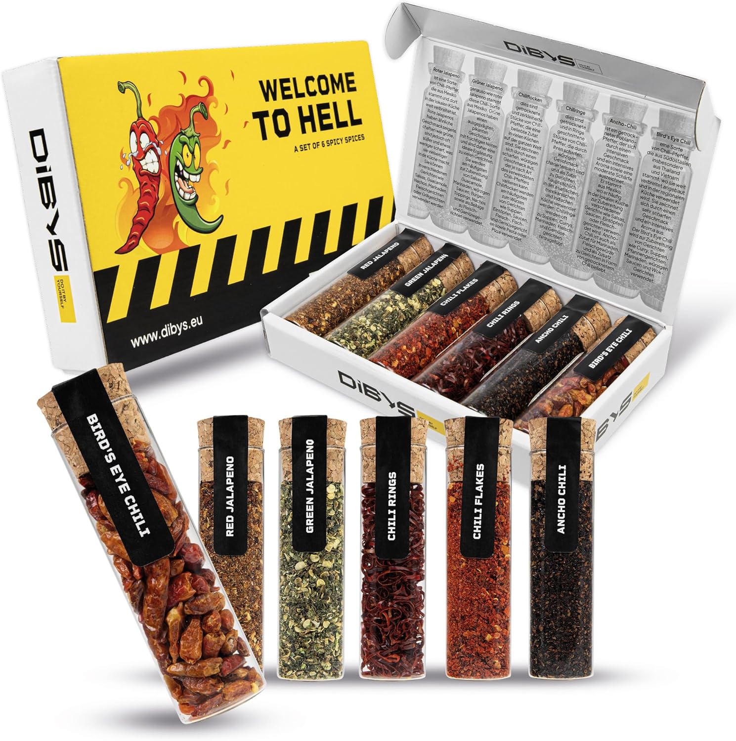 DIBYS WELCOME TO HELL Spicy Chilli Gift Set | 6 Hot Spices with Recipe Cards | Spice Kit with Chilli Flakes, Ancho, Bird's Eye & More | Lovers Gifts | Perfect for a Hot Curry