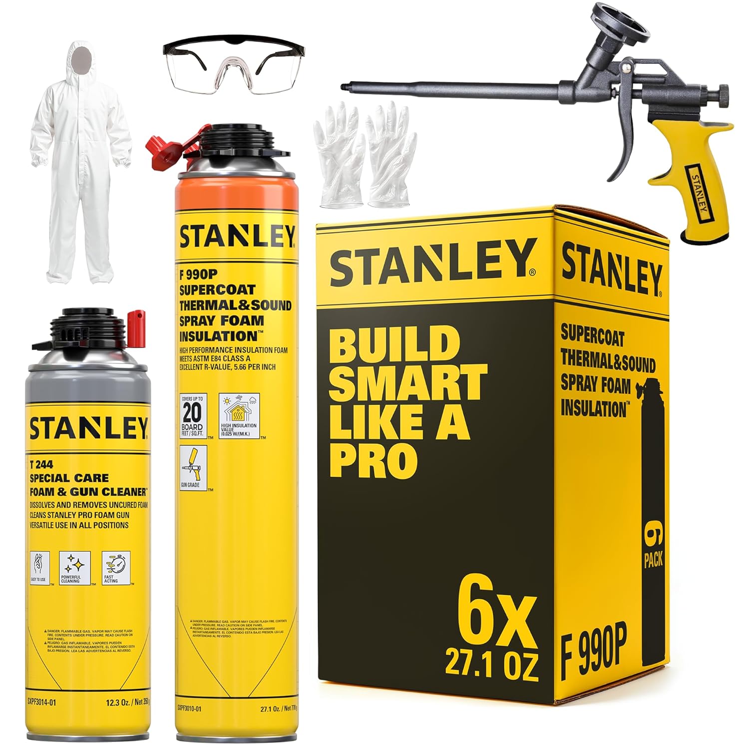 STANLEY F 990P Supercoat Spray Foam Insulation Kit - Closed Cell Spray Foam Covers Up to 120 Sq.Ft. - Including Gun, Cleaner, Safety Items - 27.1 oz, 6 Pack