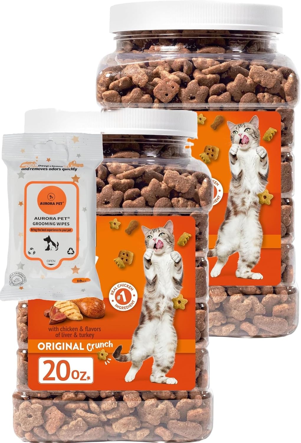 Aurora Pet Bundle (2) 20 oz Original Crunch Chicken Cat Treats with AuroraPet Wipes