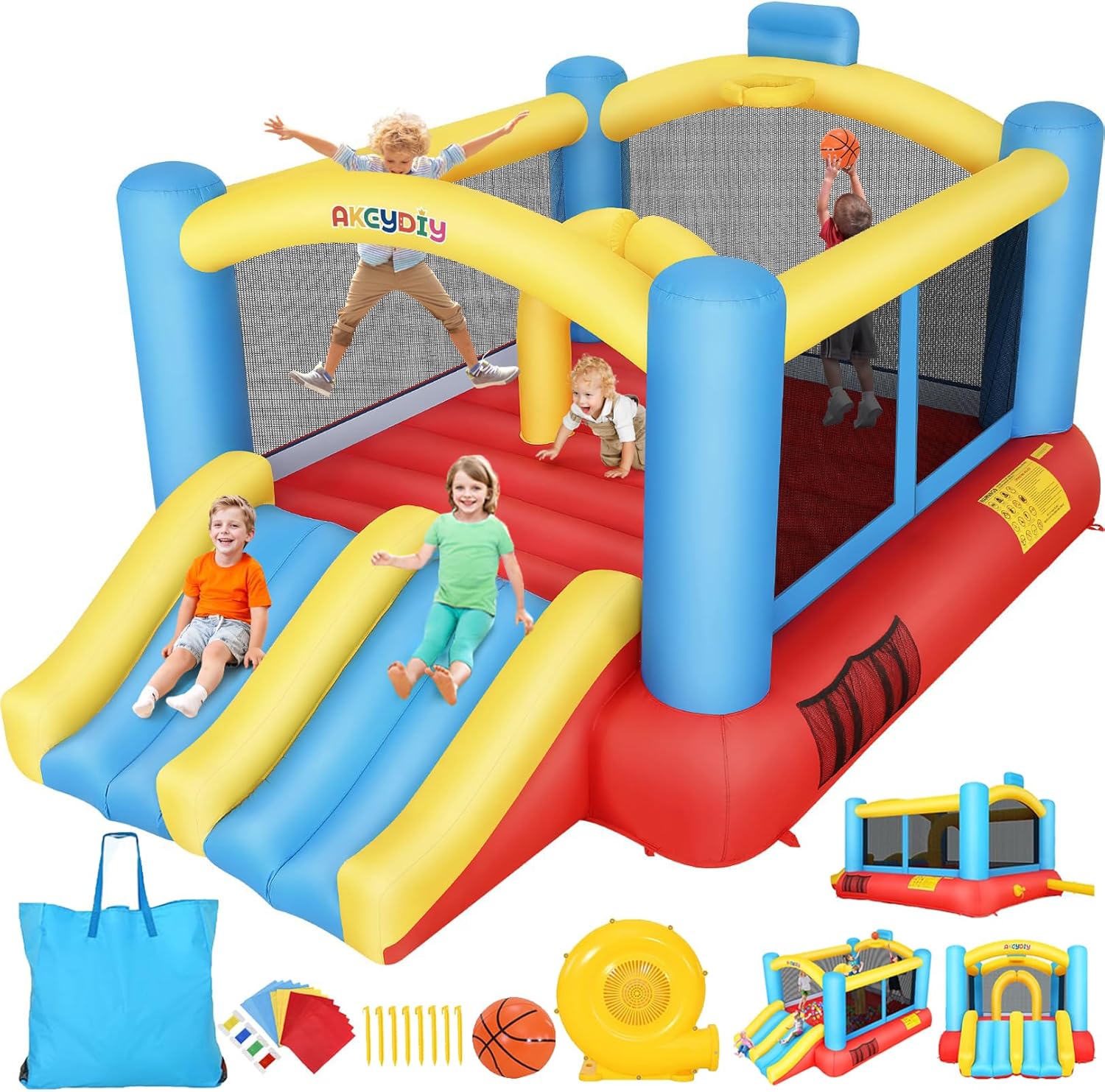 AKEYDIY Bounce House Obstacle Course for Kids 3-12, Bouncy Castle W/Double Slides 13FTX10FT,Blower Included,Large Bounce Area/Basketball Hoop, Inflatable Bouncer for Backyard Party (Bounce Obstacle)