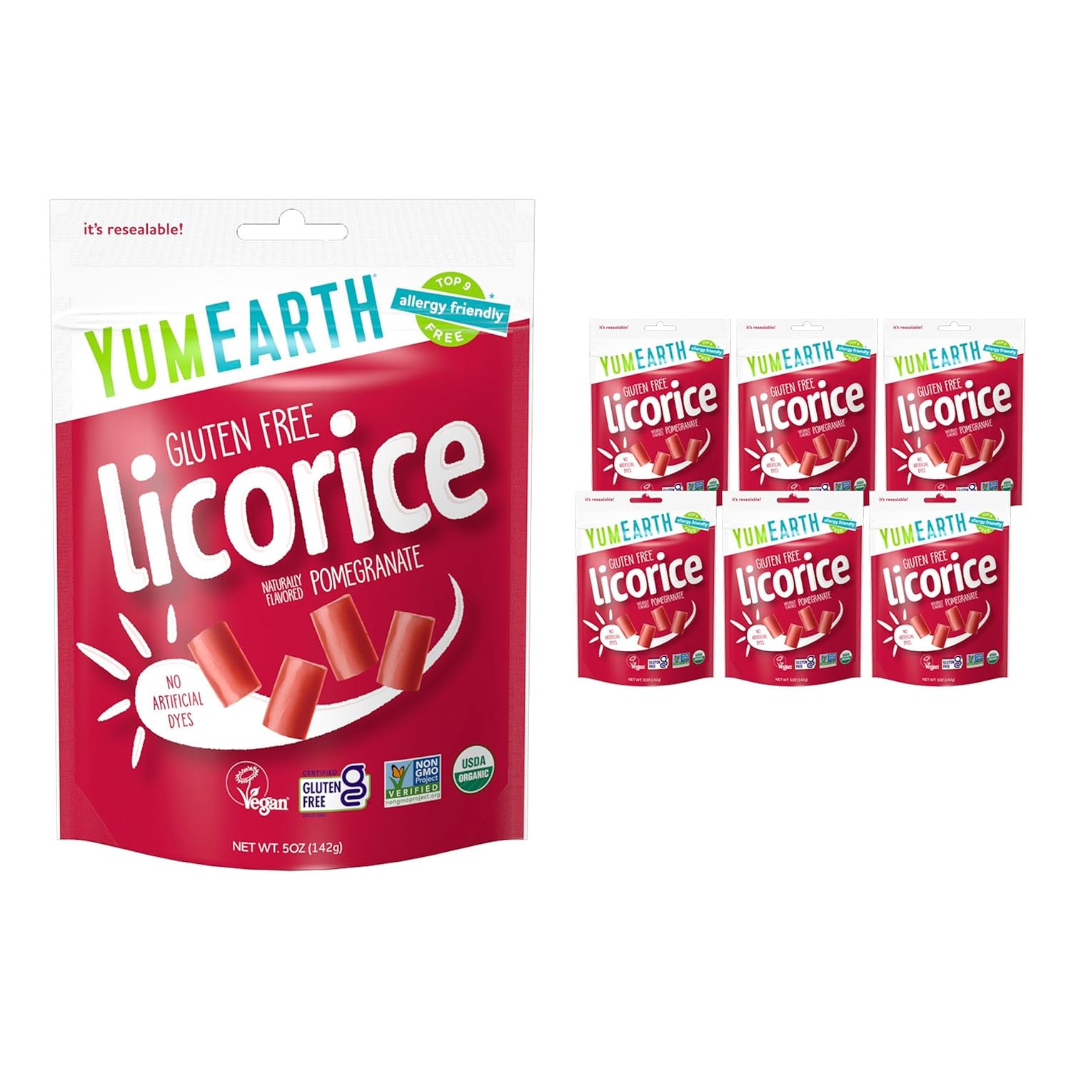 YumEarth Organic Gluten Free Pomegranate Licorice Snack Packs - Allergy Friendly, Gluten Free, Non-GMO, Vegan, No Artificial Flavors or Dyes - 5 Ounce (Pack of 6)