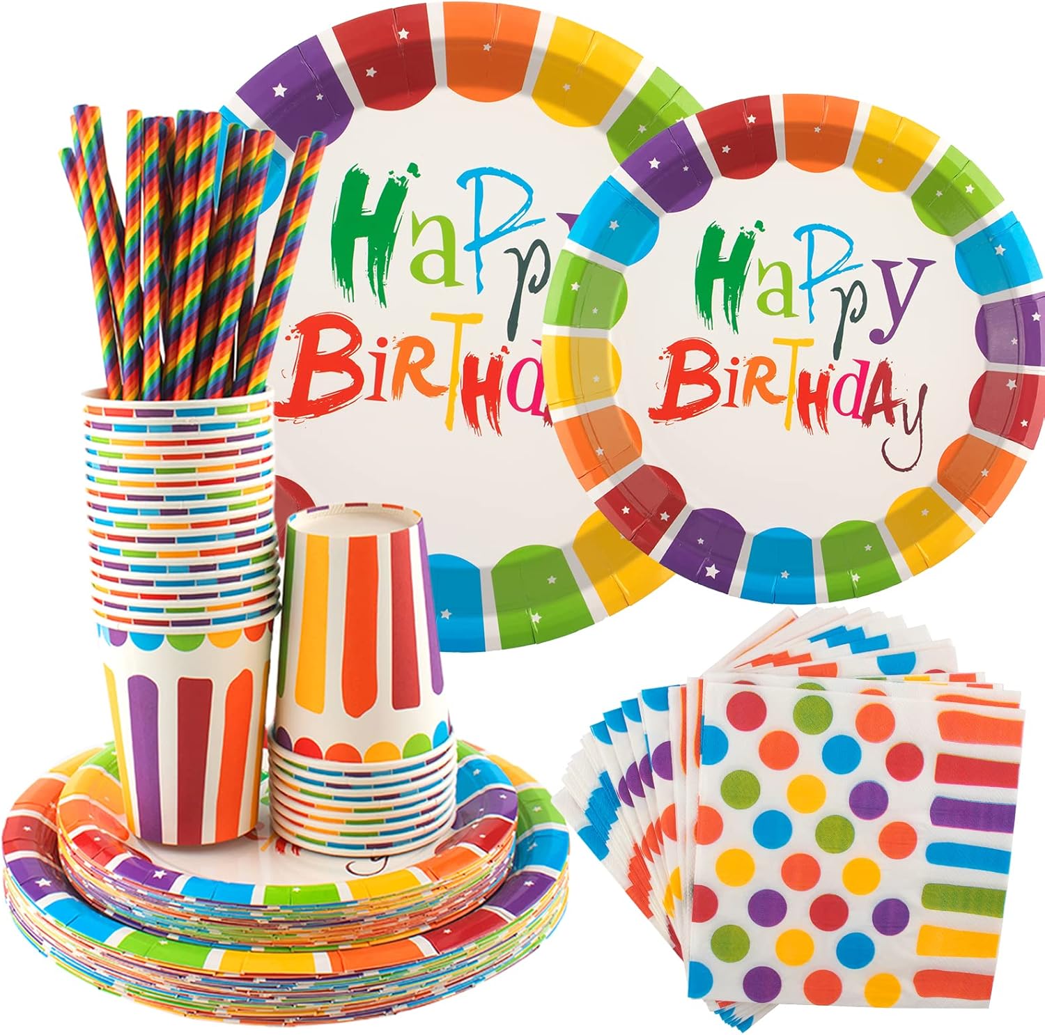 INUAN 125 Pcs Rainbow Party Tableware Set - Plates, Cups, Napkins, Straws - Rainbow Birthday Party Supplies for 25 Guests