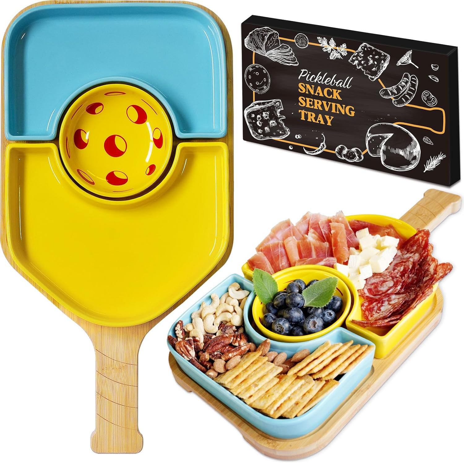 Pickleball Paddle Snack Tray Set, Ceramic Serving Plate with Charcuterie Cutting Board, Unique Pickleball Gift for Pickleball Lovers