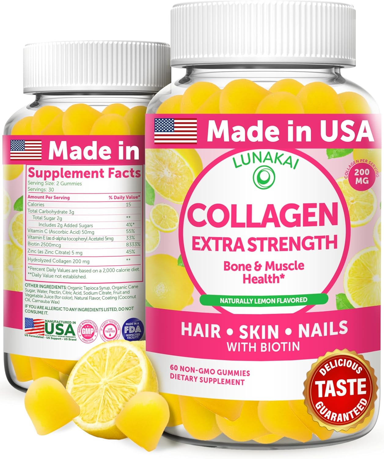 Lunakai Delicious USA Made Collagen Gummies - 200mg Non-GMO Anti-Aging Formula with Biotin, Zinc, Vitamins C & E for Hair Skin and Nails, 60ct