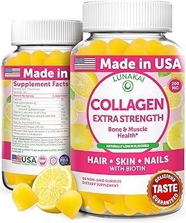 Lunakai Delicious USA Made Collagen Gummies - 200mg Non-GMO Anti-Aging Formula with Biotin, Zinc, Vitamins C & E for Hair Skin and Nails, 60ct