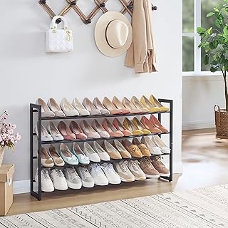 4-Tier Expandable Shoe Rack, Adjustable Shoe Shelf Storage Organizer Space Saving Metal Free Standing Shoe Rack for Entryway Closet Doorway, Black