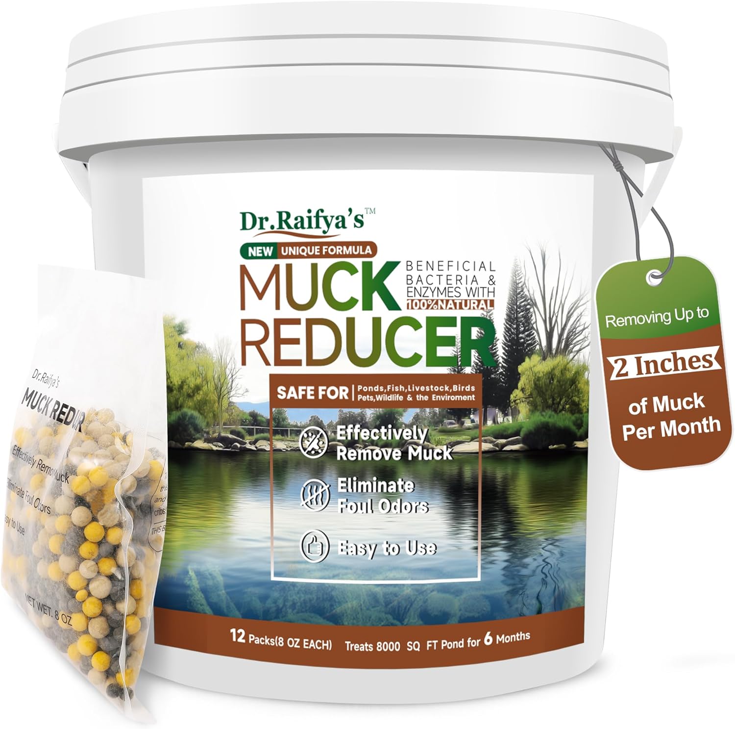Dr.Raifya’s Muck Reducer Pellets 6 LB - Natural Pond Sludge Solution, Experience The Pure Water & Fresh Odor, Easy to Use, Beneficial Bacteria Safe for Fish, Lake & Outdoor Ponds, 6-Month Supply