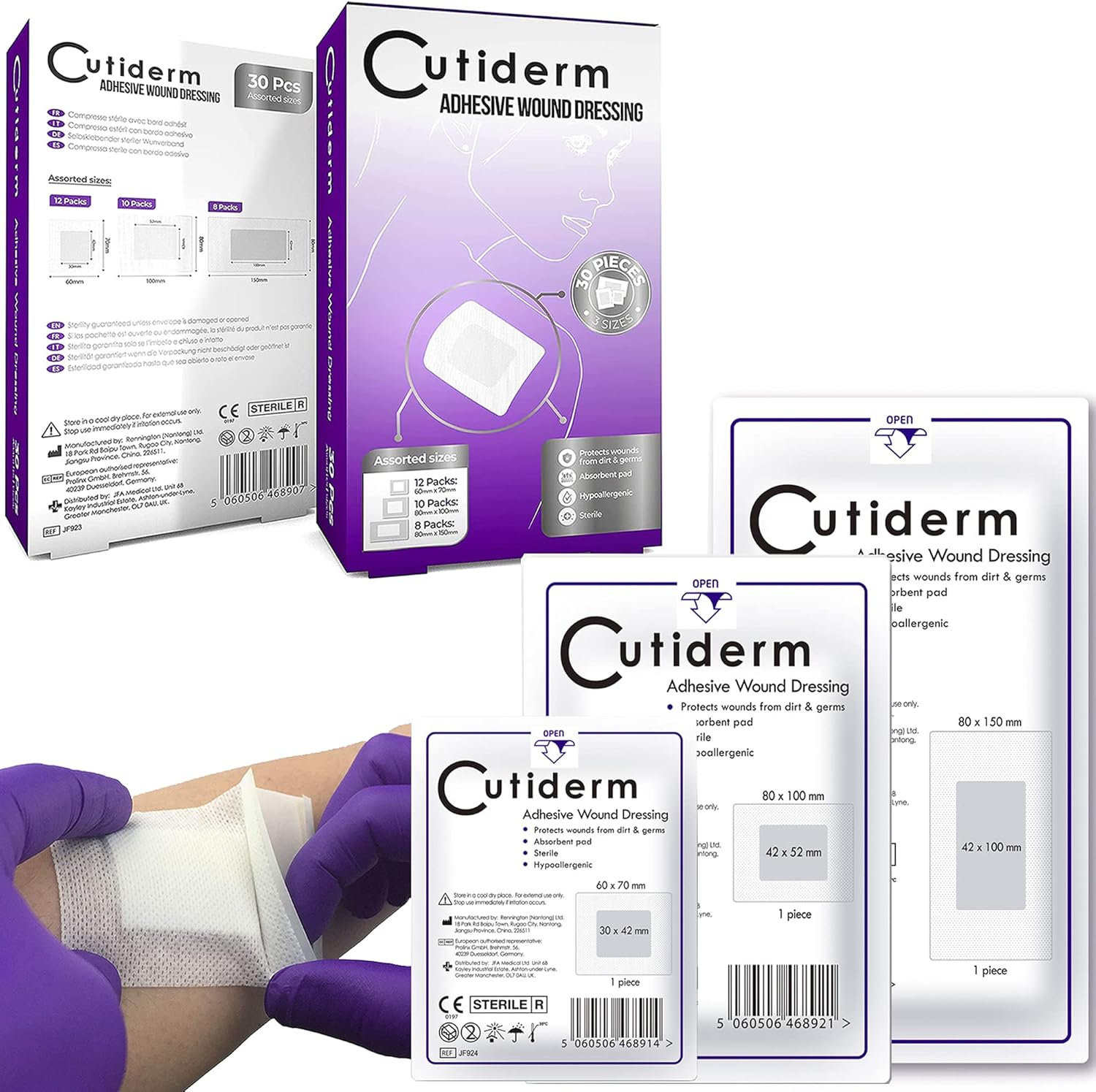 Cutiderm Assorted Adhesive Sterile Wound Dressings Pack of 30 - Suitable for cuts and grazes, Diabetic Leg ulcers, venous Leg ulcers, Small Pressure sores