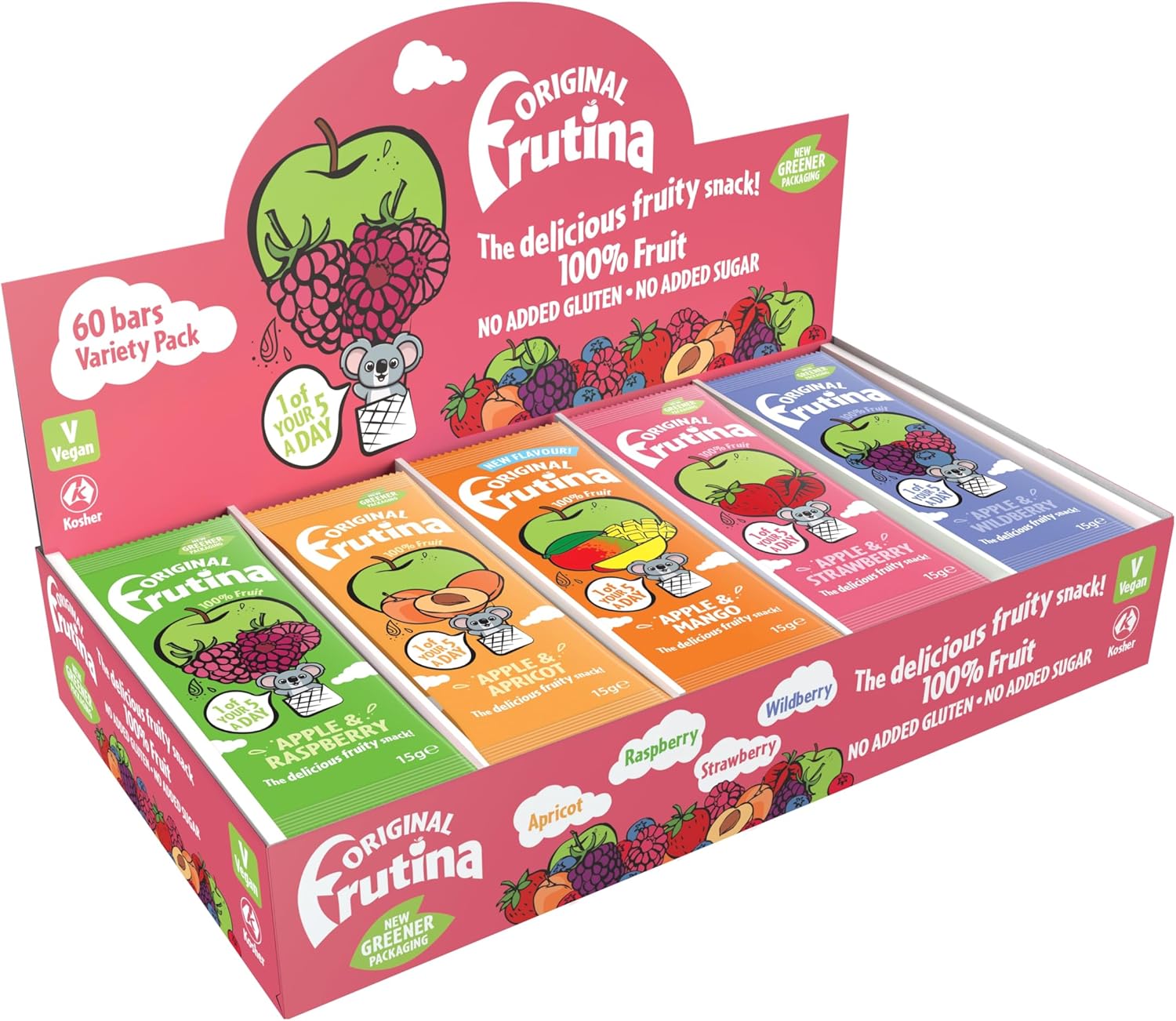 Frutina Variety Fruit Bars - 60 x 15G, Fruit Snacks - 100% Dried Fruit with No Added Sugar, No Preservatives and No Artificial Colours and Flavours - Delicious Pick-Me-Up Snacks for Kids and Adults