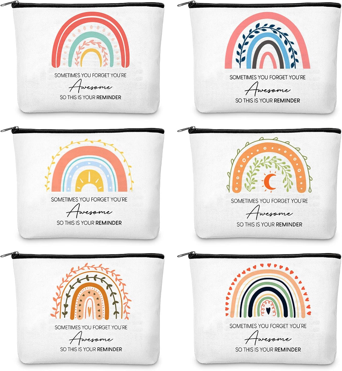 Weewooday 6 Pcs Thank You Gifts Inspirational Gifts for Women Friendship Small Rainbow Make up Bags with Zipper for Birthday Travel Presents, 9.06 x 5.91 x 1.97 Inch, 6 Styles