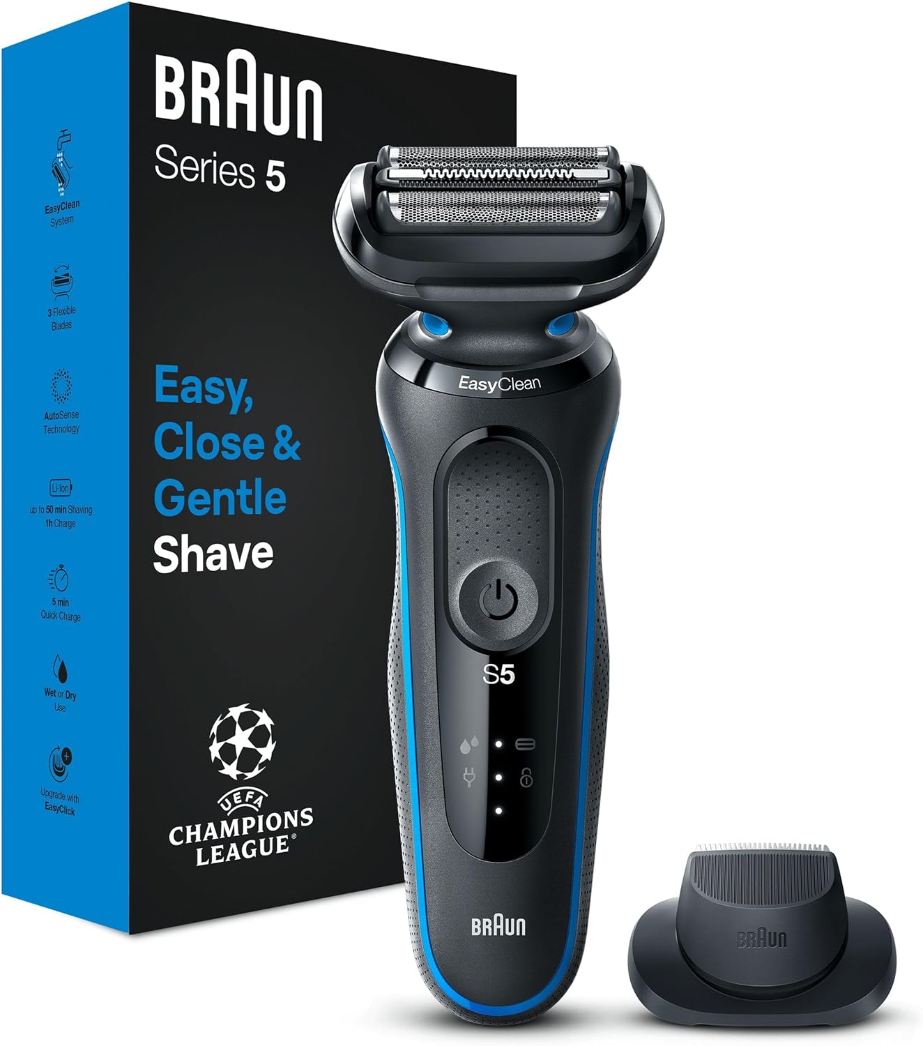 Braun Series 5 Electric Shaver, with Precision Trimmer Attachment for Moustache & Sideburns Trimming, 100% Waterproof, 2 Pin Bathroom Plug, 50-B1200s, Blue Razor