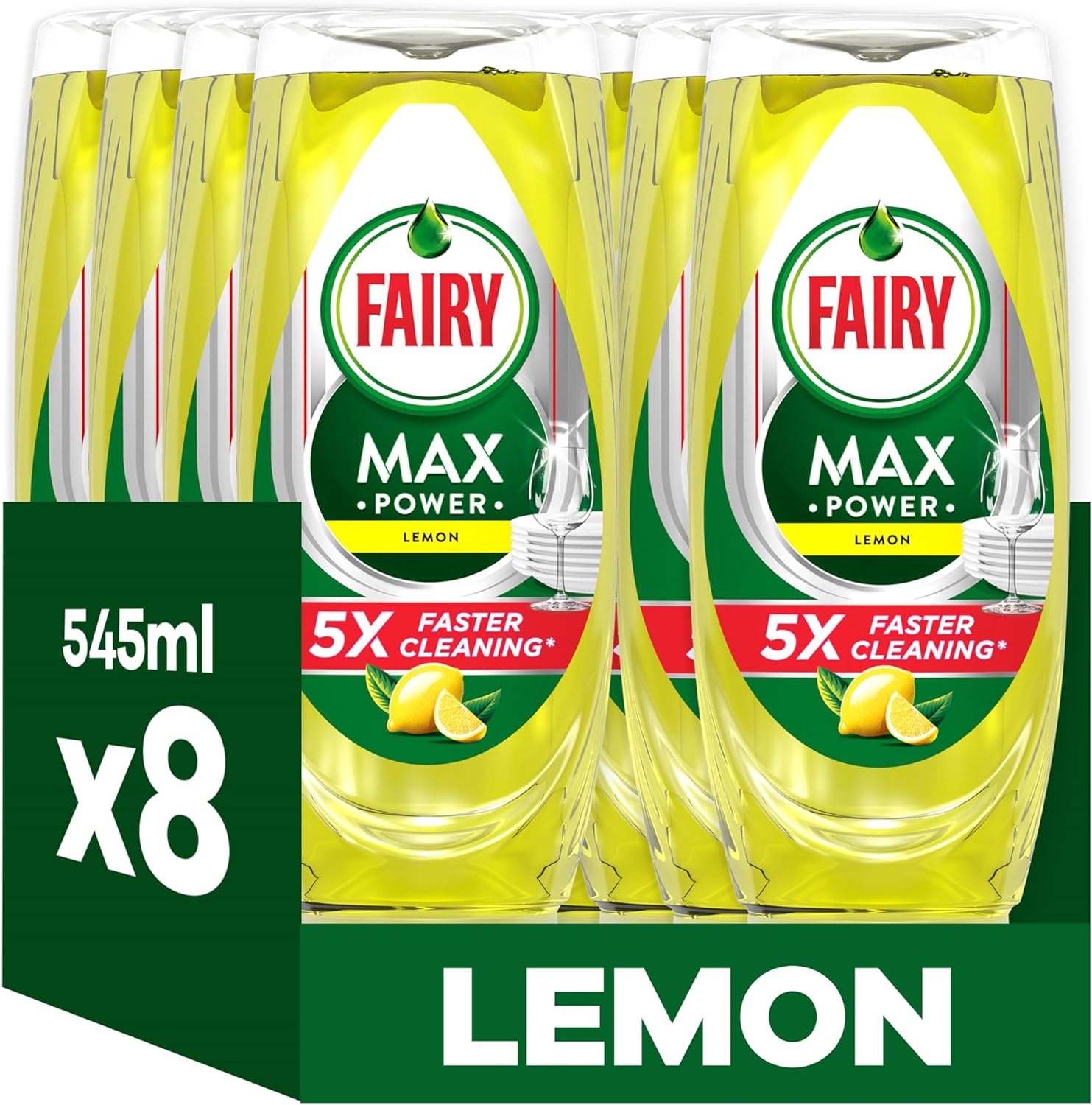 Fairy MaxPower Washing Up Liquid Lemon 8 x 545 ML, Easy & Effortless Cleaning, Even On Your Greasiest Pots & Pans