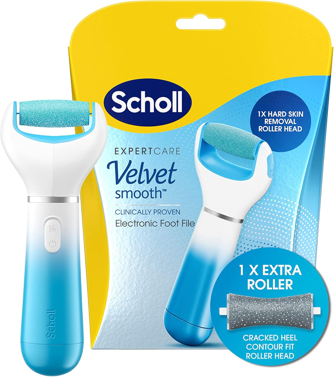 Scholl Velvet Smooth Electric Foot File with Cracked Heel Refill - Pedicure Foot File for Hard Skin and Callus Removal, Includes Velvet Smooth Roller and Cracked Heel Roller