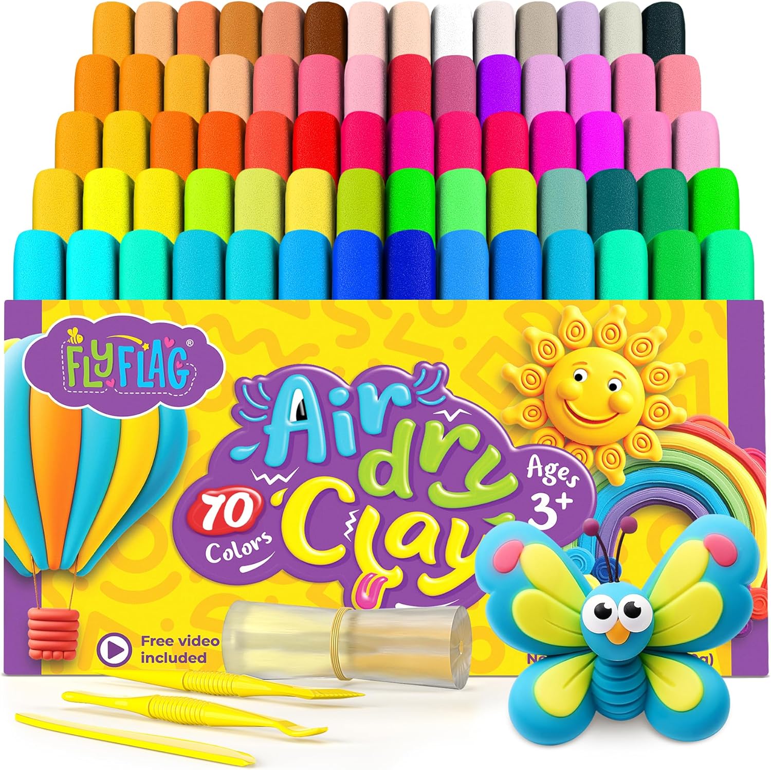 FlyFlag Air Dry Clay - 70 Colors, Soft & Ultra Light, Modeling Clay for Kids with Tools and Tutorials