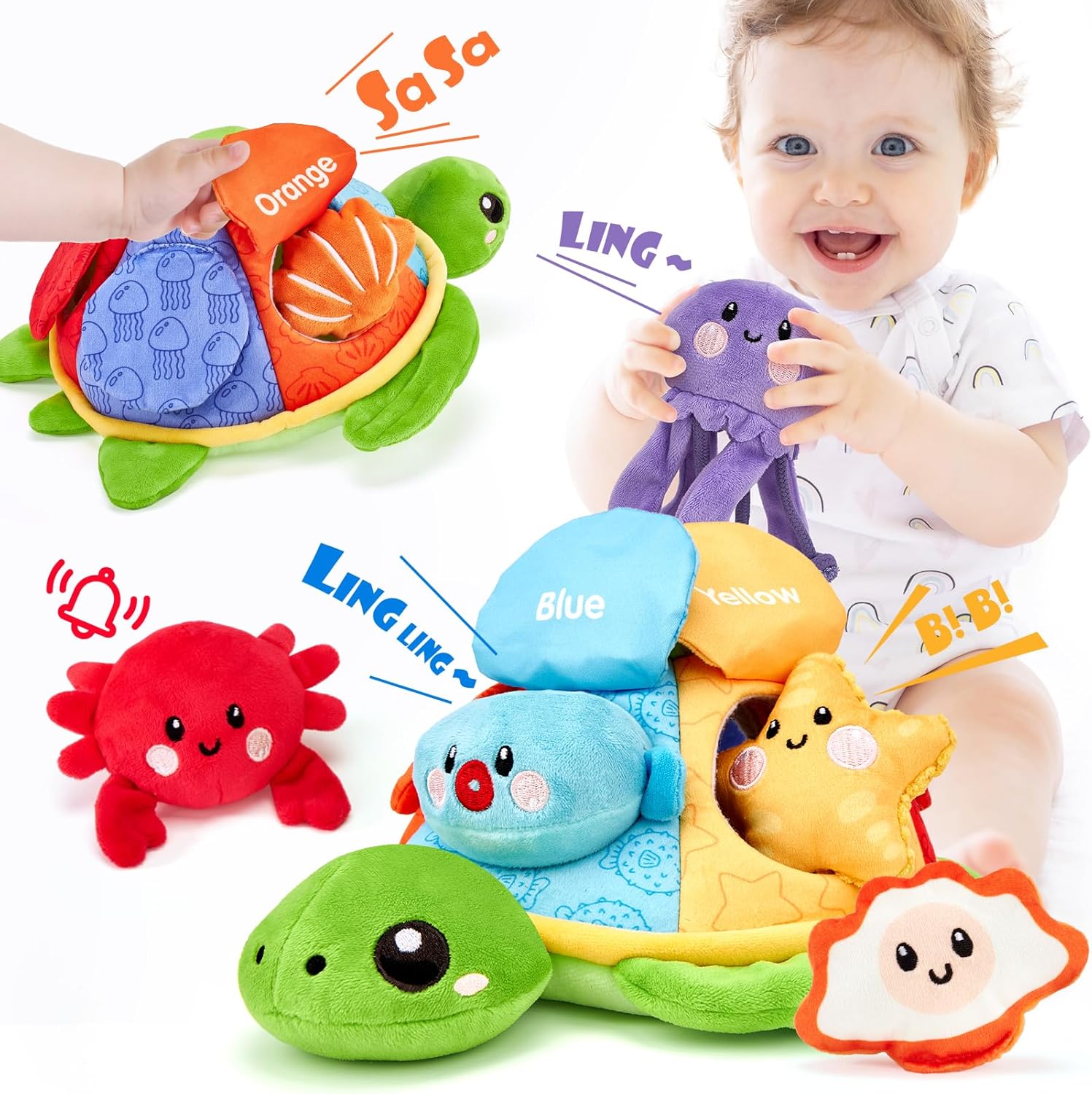 hahaland Baby Toys 6 to 12 Months - Soft Sea Animal Baby Toys with Crinkle Sounds, Sensory Toys for Babies Girls Boys, Montessori Toys for Babies 6-12 Months, Fine Motor Skills and Color Sorting Gift